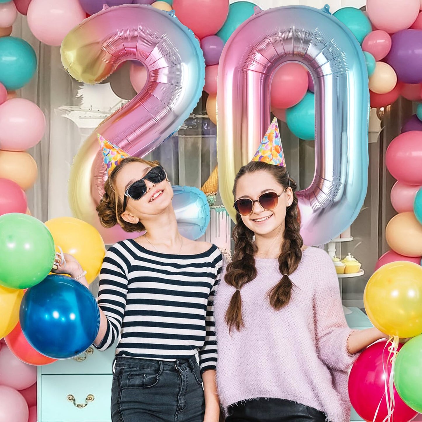 Rainbow Gradient Number 2 Balloon, 40 Inch Big Large Foil Number Balloons, Jumbo Mylar Number 2 Balloons For 2 Second Birthday P