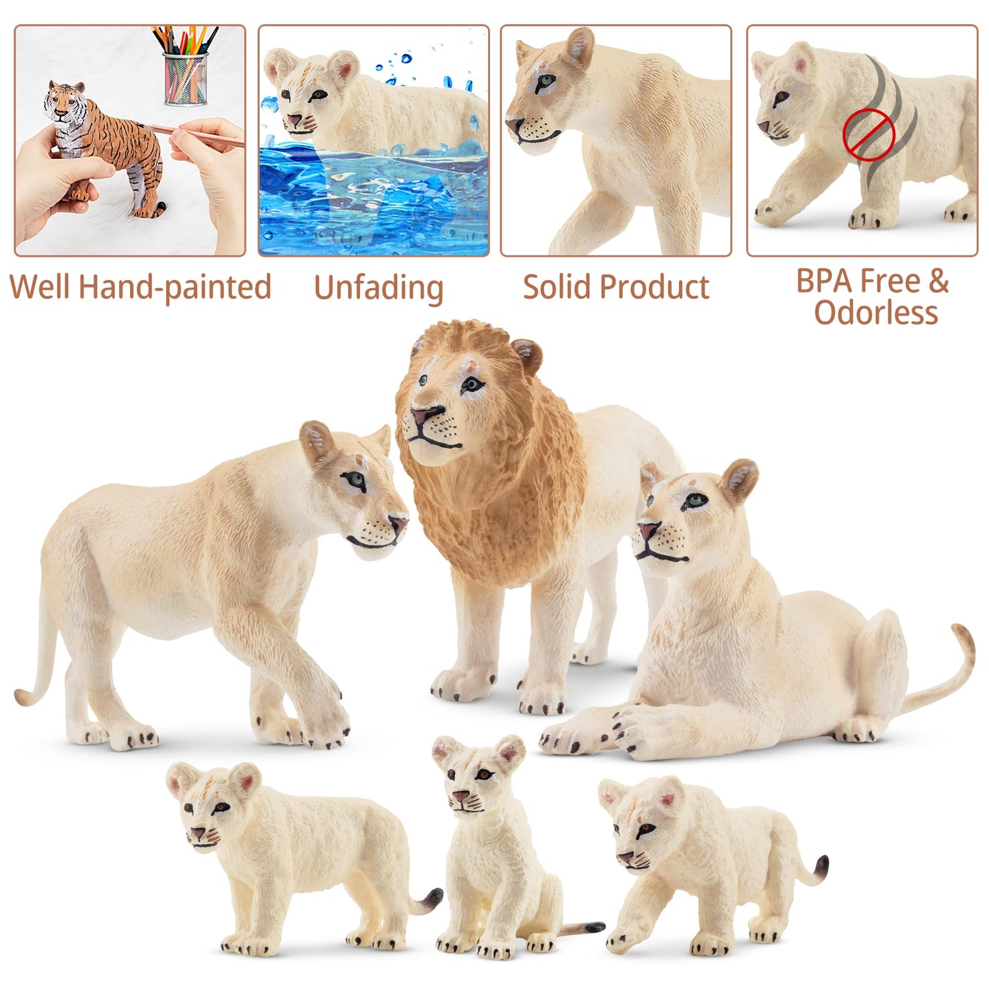 Toymany 6Pcs White Lion Figurines With Lion Cubs, 2-5'' Jungle Animals Figures Realistic Family Set Includes Baby Lions, Educati