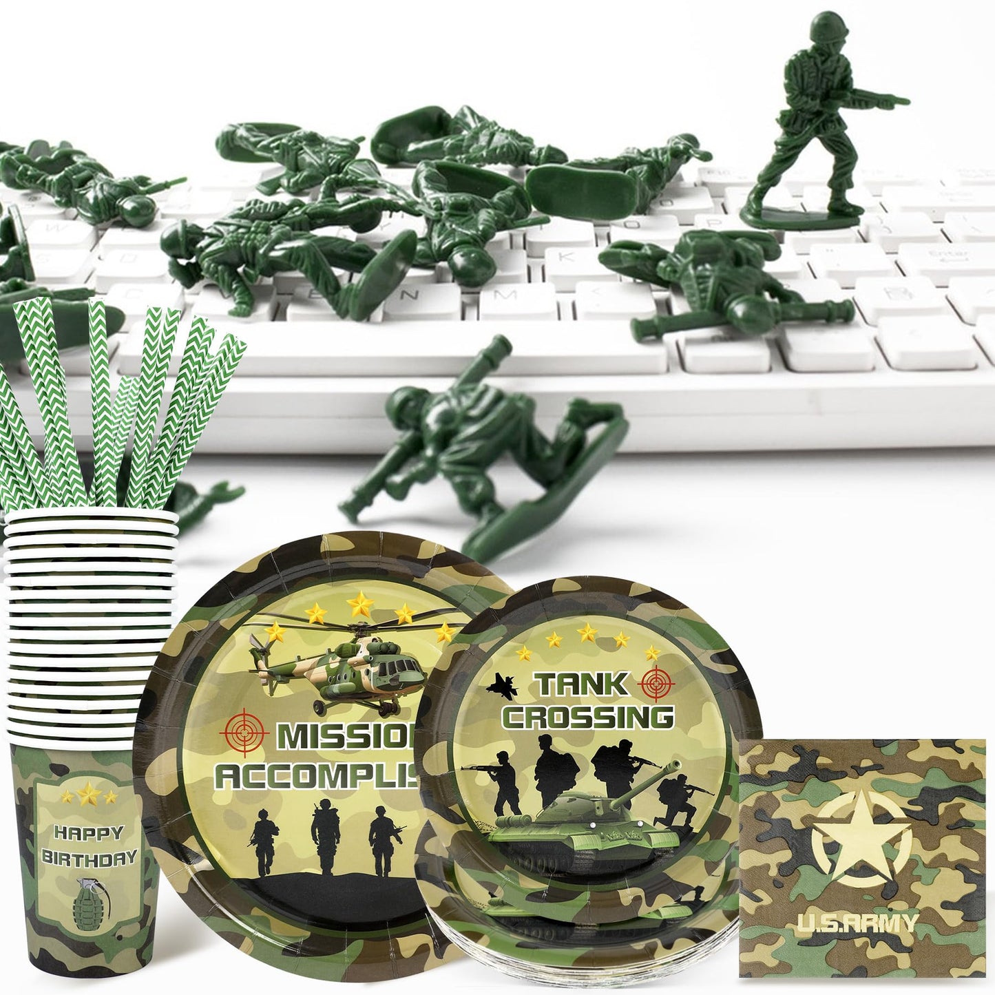 Army Birthday Party Supplies Decorations, Camo Theme Birthday Paper Plates And Napkins Set With Cups And Straws For 24 Guests, 1