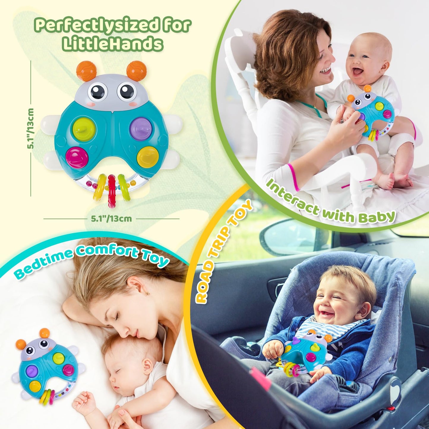 Surdote Ladybug Baby Light Up Toys With Rattle Led Light Music, Interactive Educational Fine Motor Development Toy For 3-6-12-18