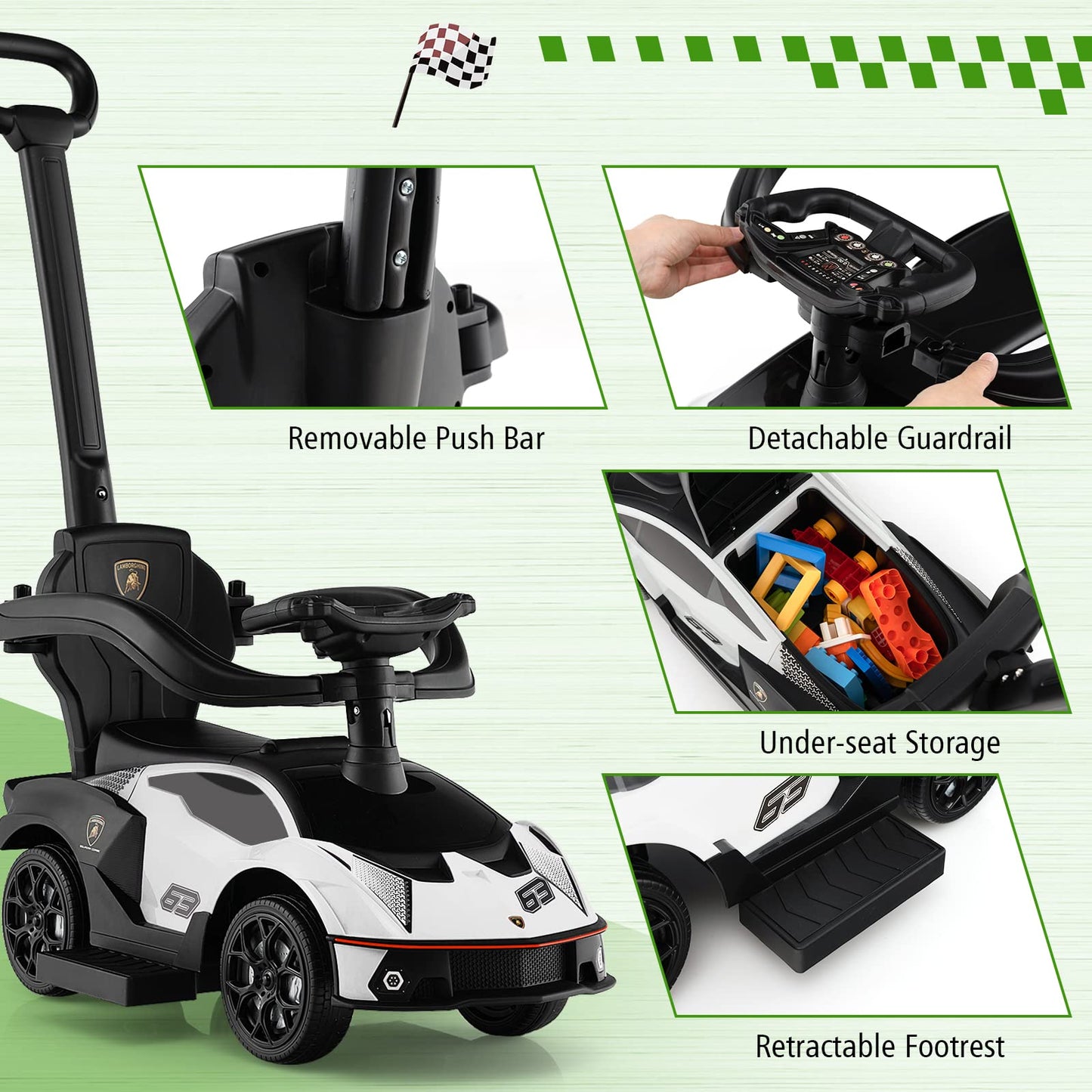 Costzon Push Cars For Toddlers, 3 In 1 Licensed Lamborghini Stroller Sliding Walking Car W/Handle, Armrest Guardrail, Underneath Storage, Horn, Foot-To-Floor Ride On Toy For Boys Girls (White)