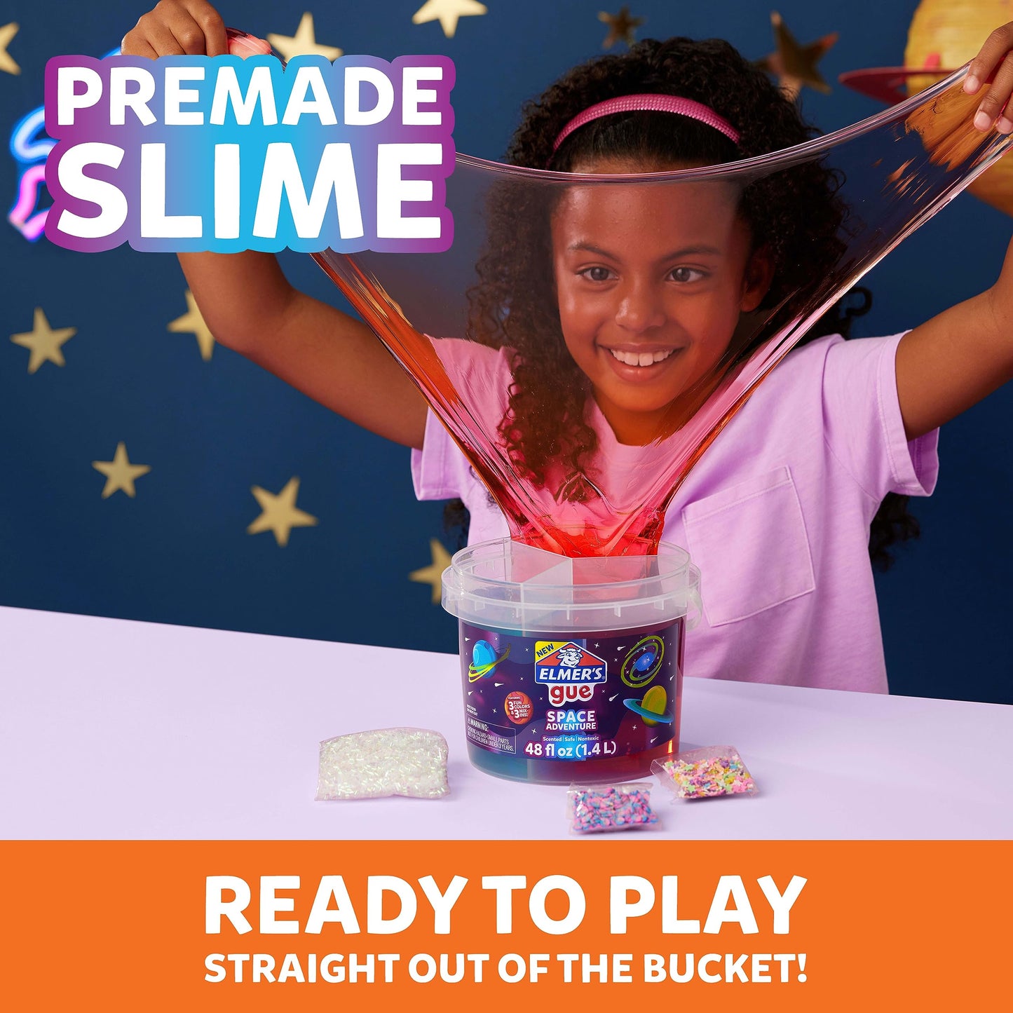 Elmer’S Gue Premade Slime Bucket, Space Adventure Theme, Includes 3 Lb. Bucket With 3 Types Of Slime And 3 Sets Of Add-Ins