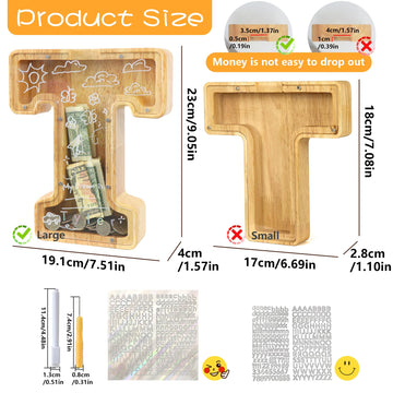 weallbuy Large Letter Piggy Bank for Kids Boys Girls Wooden Personalized Piggy Banks A-Z with Target Area Clear Alphabet Banknote Coin Banks for Gift Decoration Baptism (T)