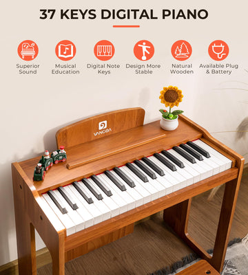 Vangoa Kids Piano Keyboard - 37 Keys Wood Digital Piano for Girls and Boys, Bright Brown, Model JDP-30, Music Educational Instrument Toy