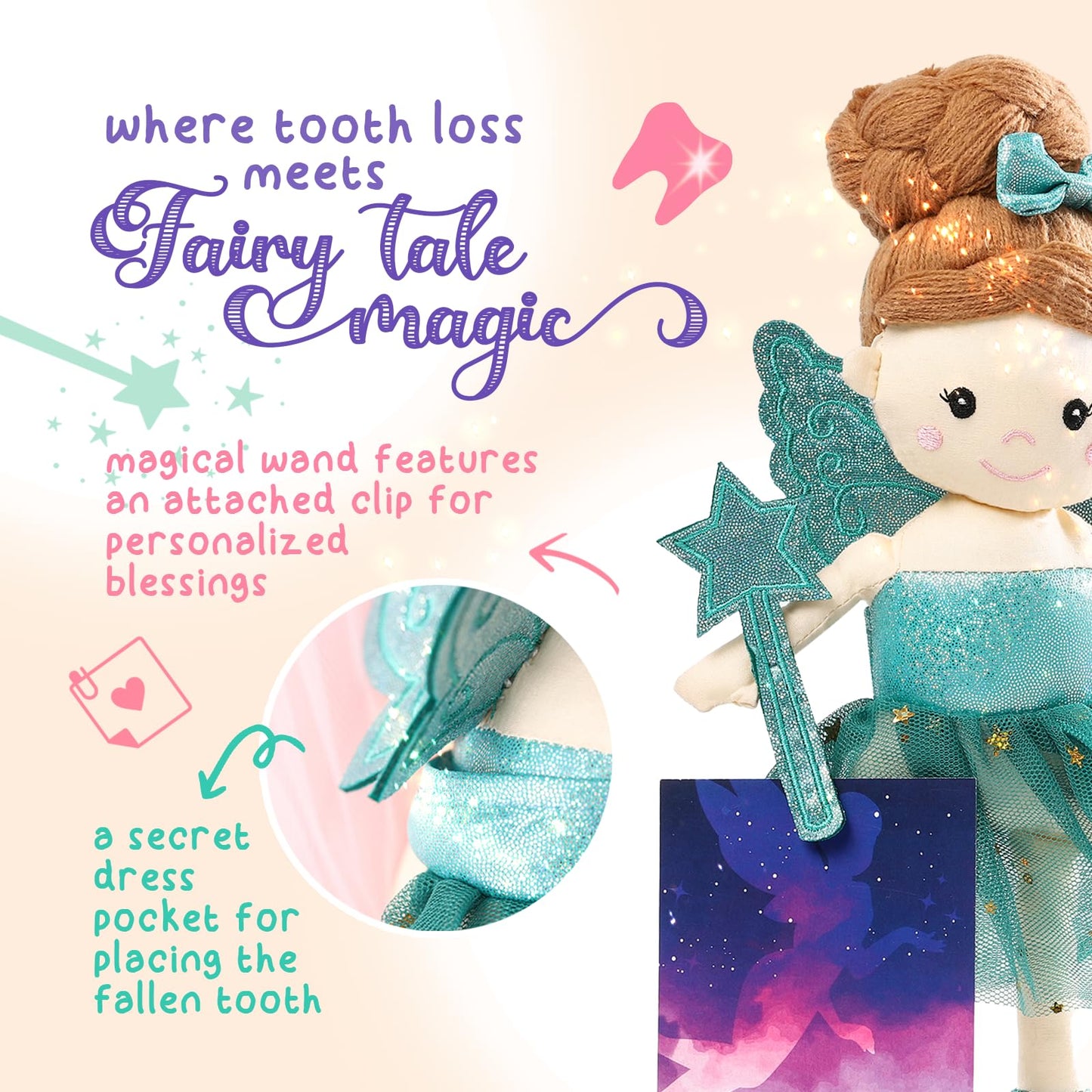 Betterline Tooth Fairy Doll With 26 Blessing Cards, Tooth Fairy Doll With Tooth Holder & Magical Wand, Lost Tooth Keepsake, Kids