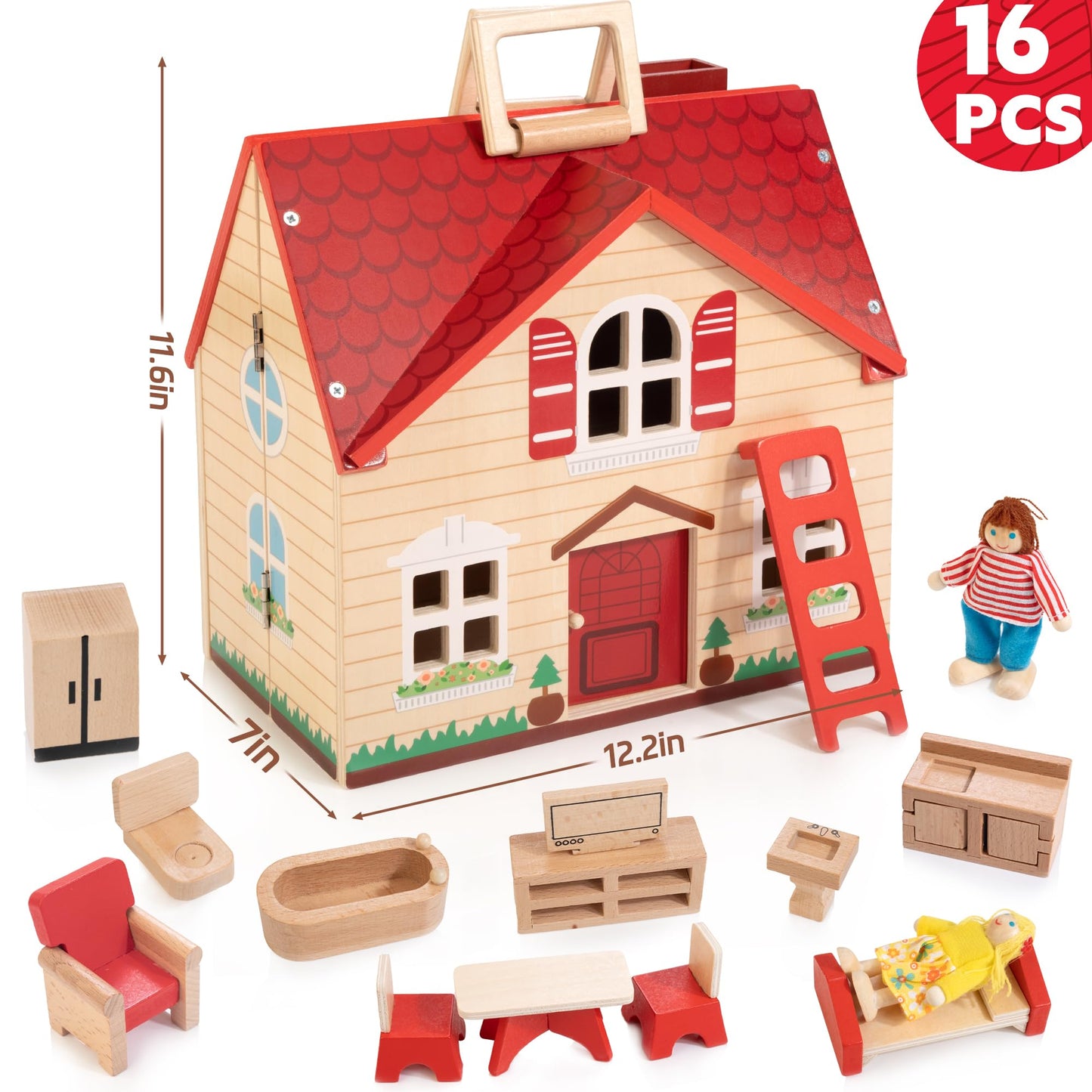 WOODMAM Foldable Wooden Dollhouse Set with 13 Furniture Pieces, 4 Rooms, Red, 1:12 Scale, Portable Handle, Ideal Christmas Gift for Kids