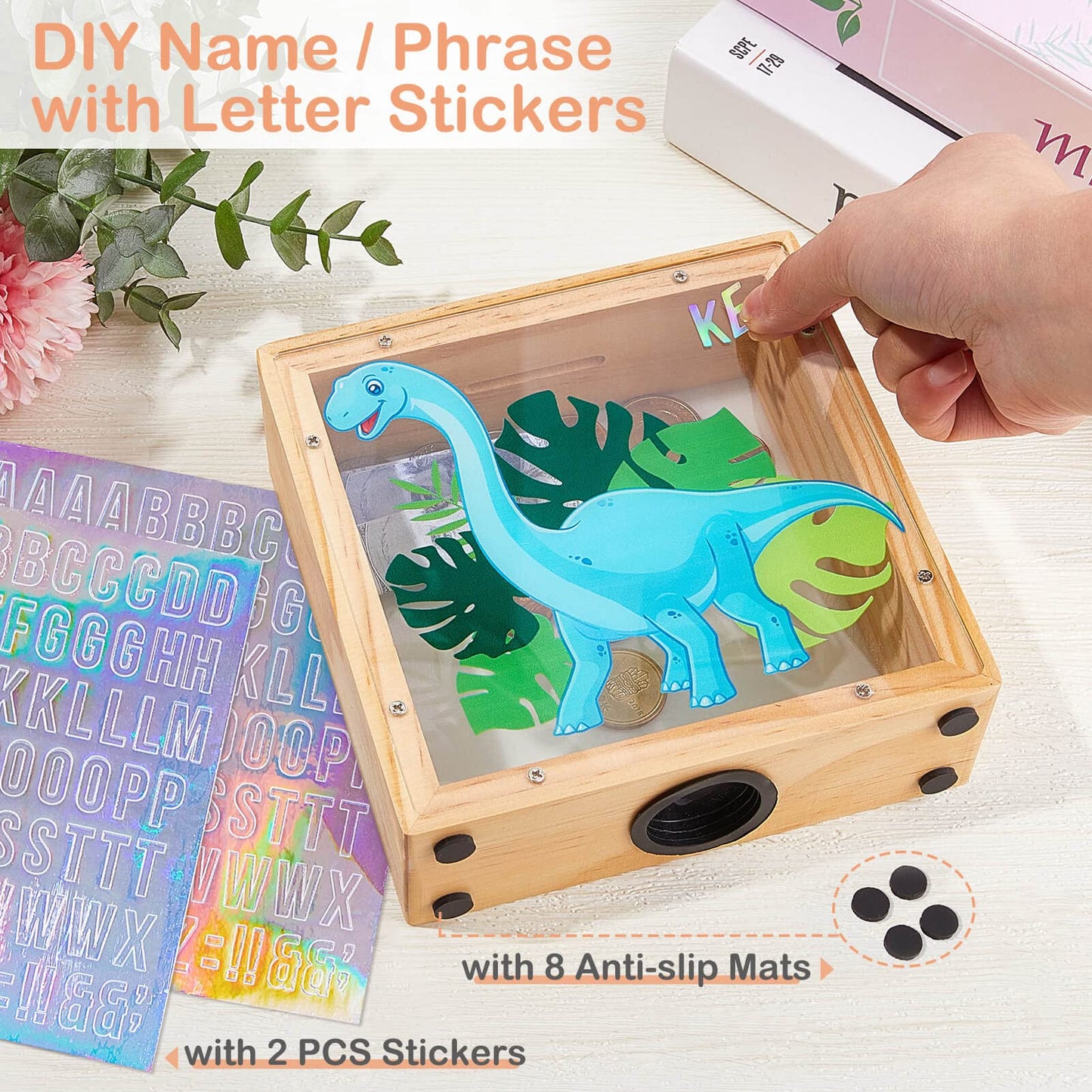 Piggy Bank For Boys, Wooden Dinosaur Piggy Bank For Kids Cartoon Money Bank Coin Bank With Diy Alphabet Stickers, Blue