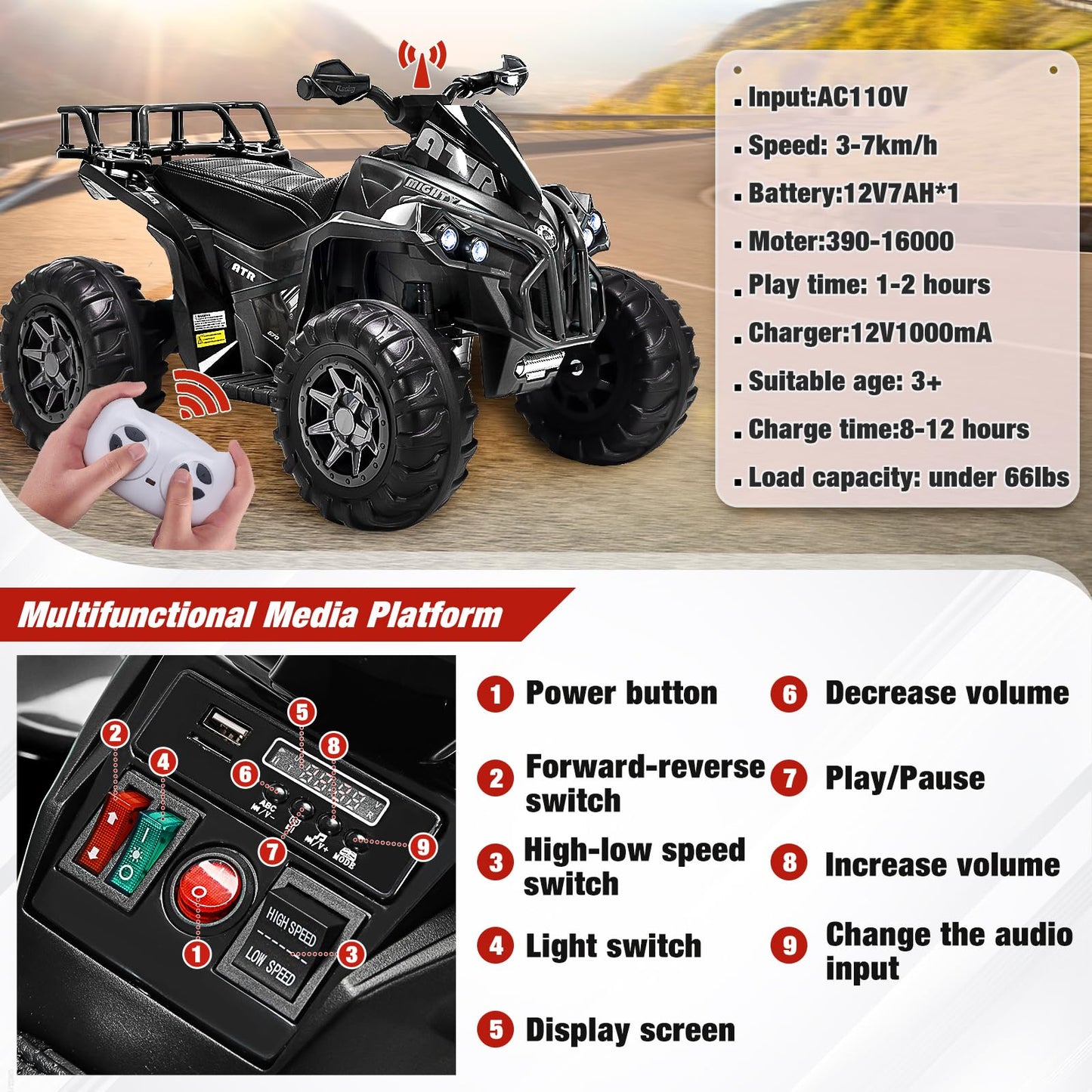 SOAR Remote Control 4 Wheeler for Kids, Black Electric ATV, 12V Battery, LED Lights, Music, High/Low Speed, Ages 3-6