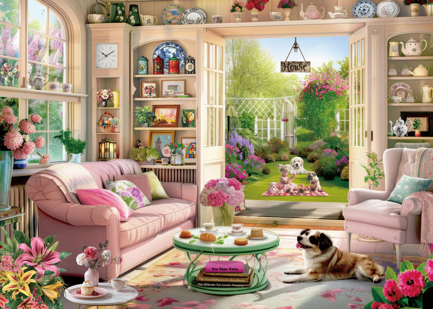 Tea Time Cabin Puzzle 1000 Piece For Adults, Book Cozytime Garden Jigsaw Puzzles, Dog Plant Puzzle