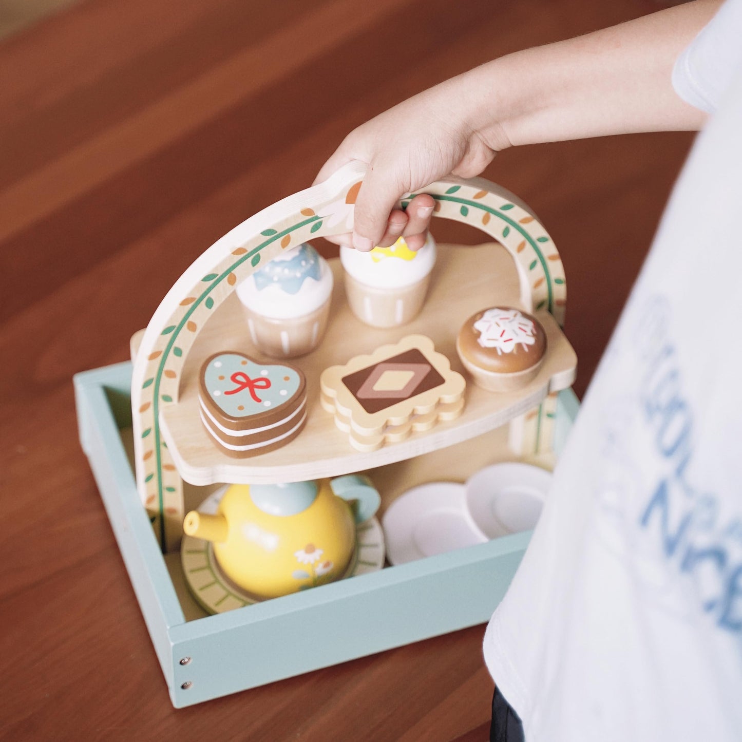 Wooden Dessert Cake Tea Party Set for Little Girls Toys, Pretend Play Kids Tea Set for Toddlers Wood Toys, Wooden Play Food Kitc