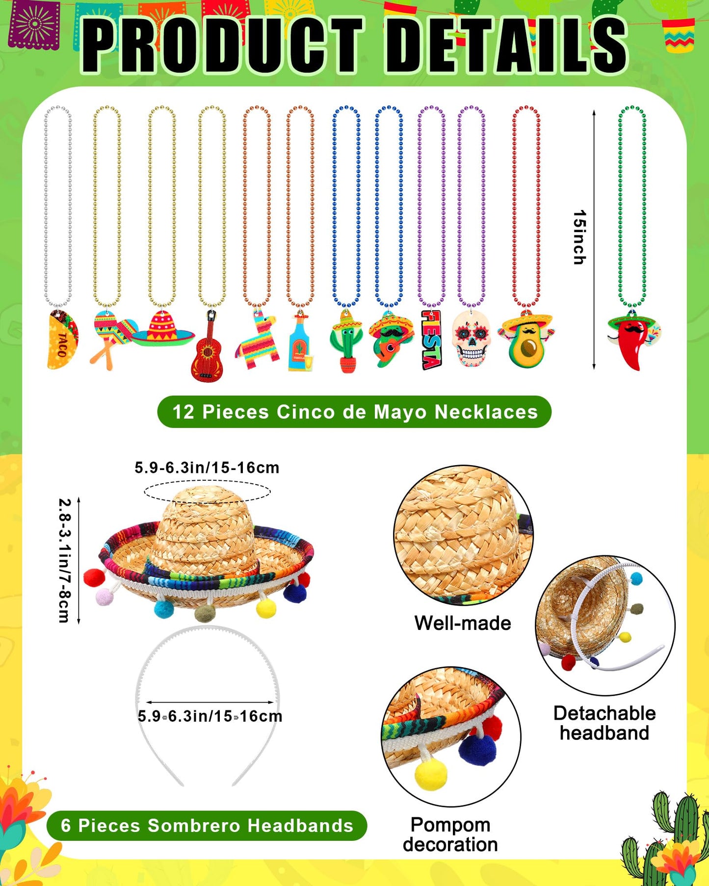 Panitay 24 Pcs Mexican Poncho And Sombrero Set And Fiesta Necklaces Bead,Cinco De Mayo Mexican Fiesta Serape Poncho With Straw S