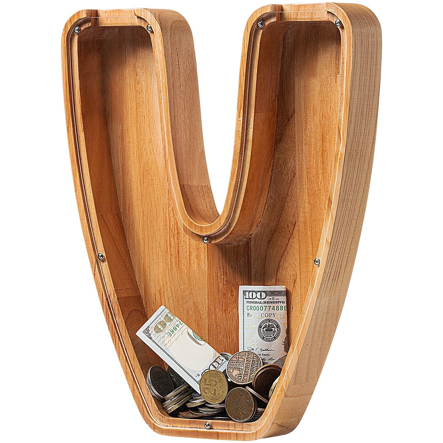 Piggy Bank For Kids Boys Girls, Large Personalized Wooden Letter Piggy Bank With Cut-Out Design, Alphabet Letter Coin Banks, Money Savings Box, Wooden Bank For Kids Creative Gift For Real-Money(V)