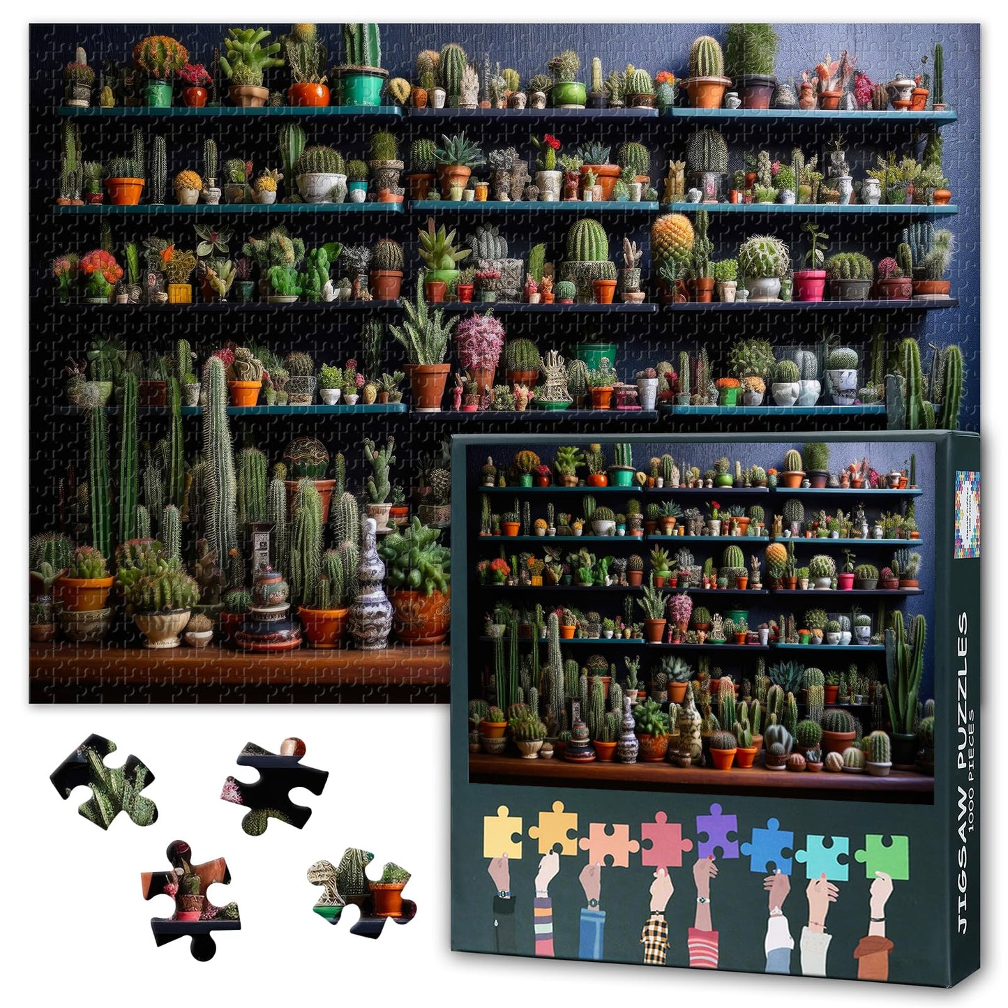 Puzzles for Adults, 1000 Piece Jigsaw Puzzles,Collection of Various Potted Mini Cacti on Shelves Hard Difficult Challenging Puzz