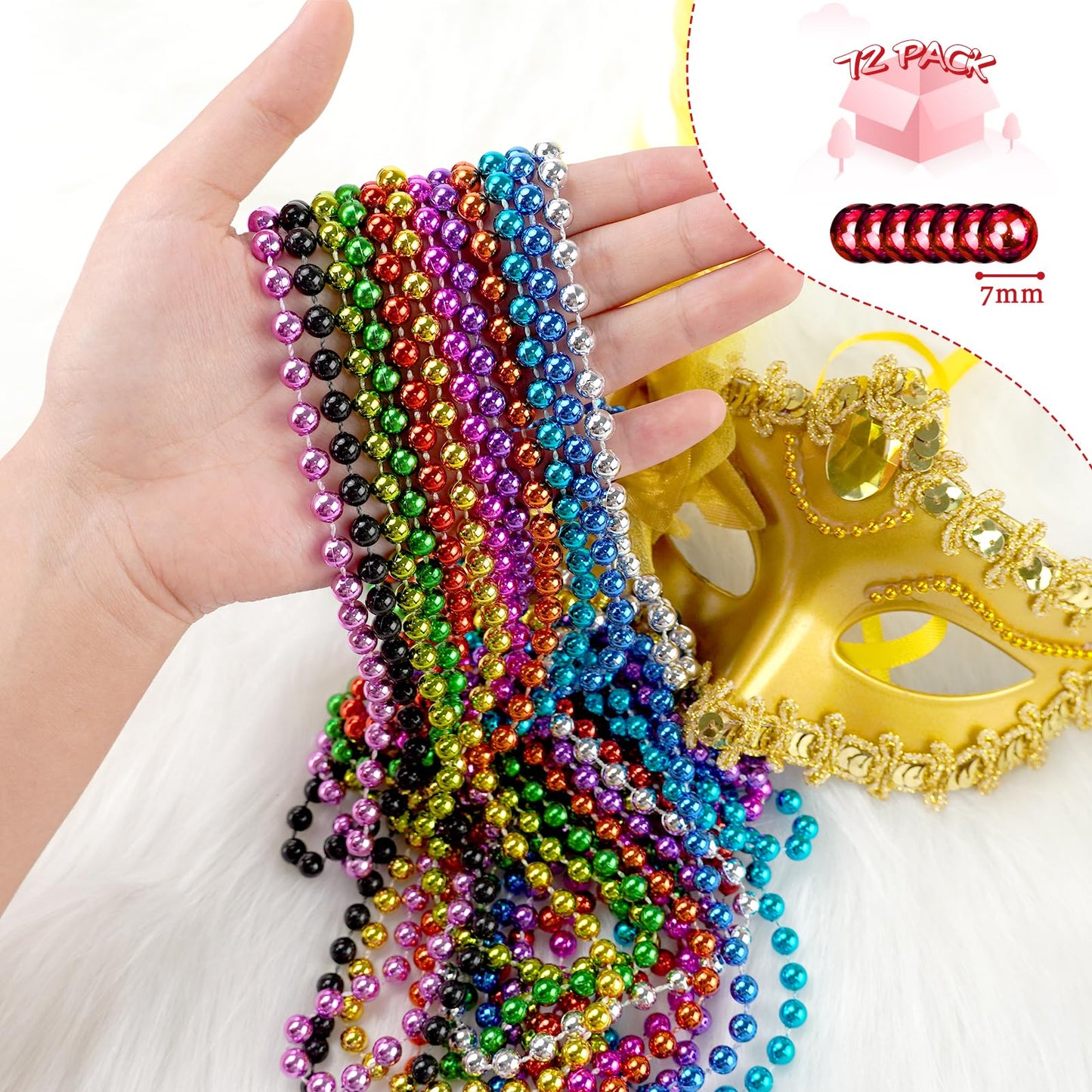 72 PCS Metallic Silver Bead Necklaces, 33 Inch 7 mm Mardi Gras Beads Bulk Round Beaded Necklaces Costume Necklace for Mardi Gras