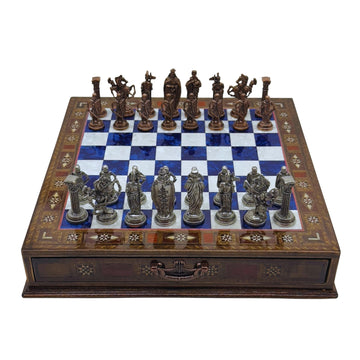 15 Handmade Chess Set With British Army Metal Chess Pieces, Luxury Storage Chess Board, For All Ages, Ideal For Father, (Blue)