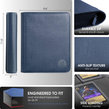 FORZAROCKET 4-Pocket Small Binder for Toploaders - Holds 112 Top Loaders Ringless Waterproof PU Leather for Sports & Trading Cards (Navy Blue)