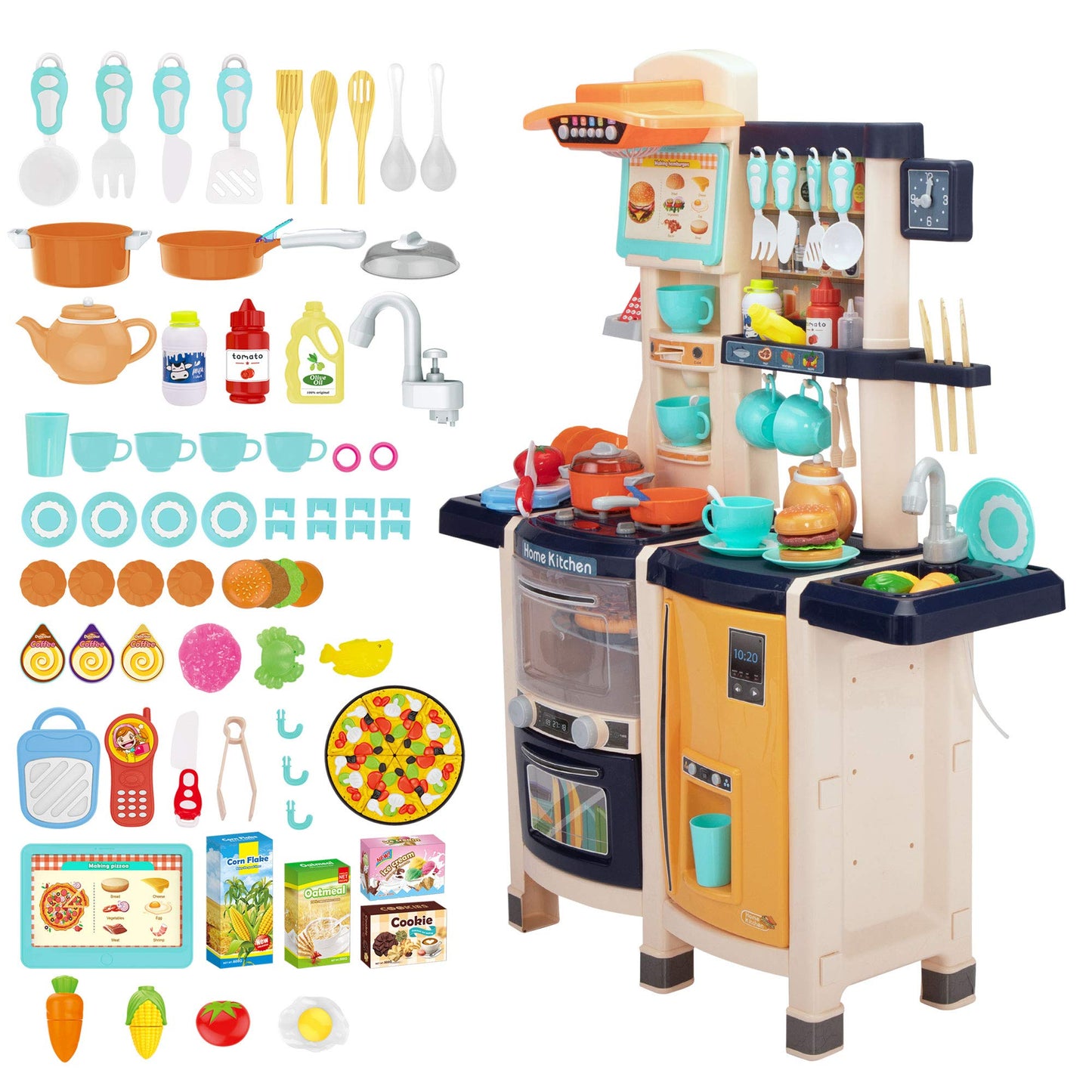 Kids Play Kitchen,Kitchen Playset with 65pcs Kitchen Toys for Toddlers,Kitchen Playset Accessories with Spray Stove, Simulated S