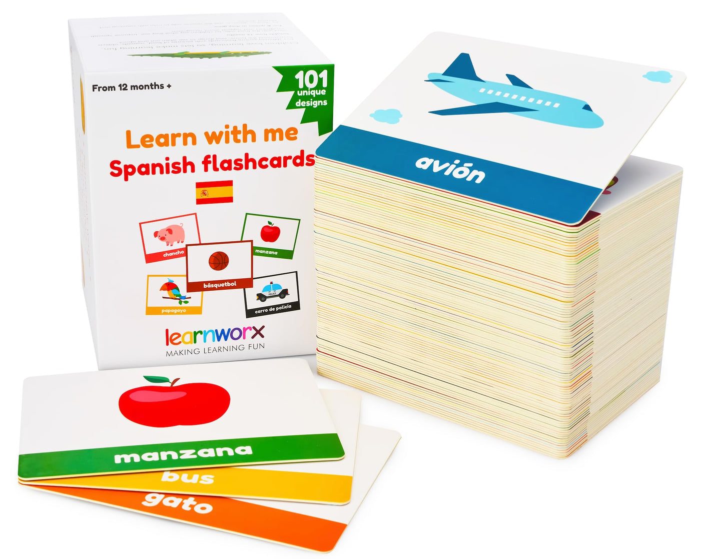 Spanish Flash Cards For Kids & Toddlers - 101 Cards - 202 Sides - Learn With Me - Objects, Numbers & Play Games - Great Value, Fun Learning And Educational Flashcards