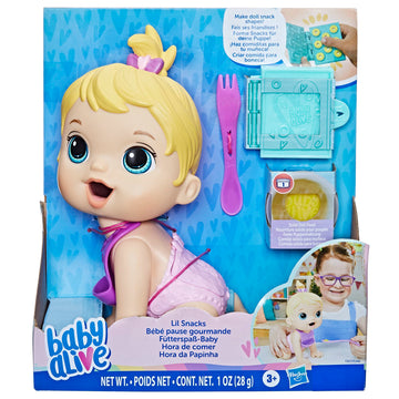 Baby Alive Lil Snacks Doll, Eats And Poops, Snack-Themed 8-Inch Baby Doll, Snack Box Mold, Toy For Kids Ages 3 And Up, Blonde Ha