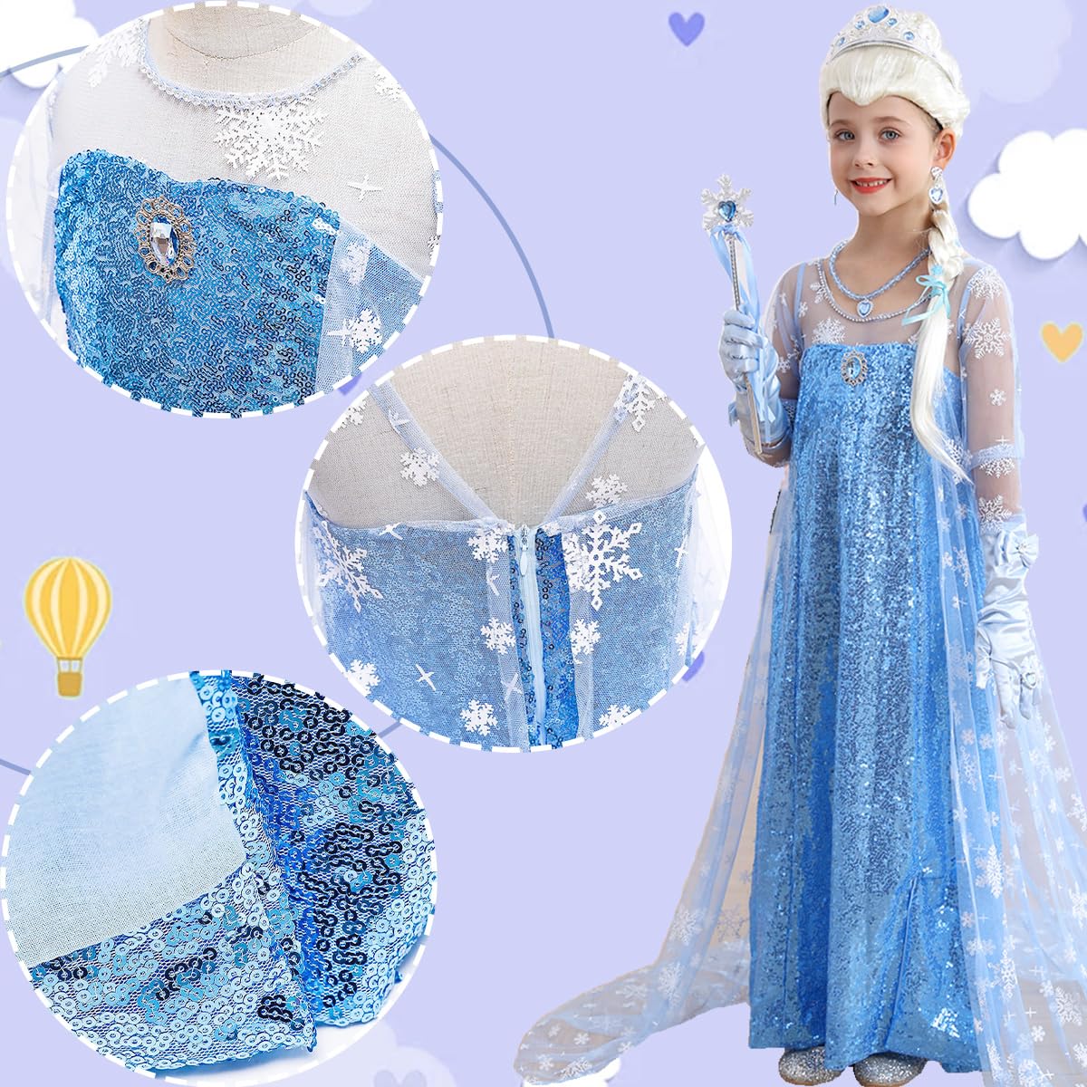 Zaisuifun Princess Elsa Dress For Girls Kids Sequin Costume Halloween Birthday Party Dress Up With Accessories, 3-4 Years(Tag 11