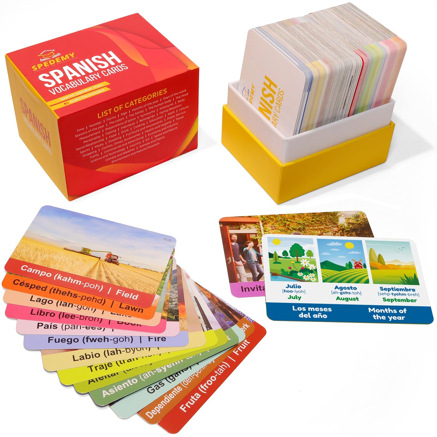 Spedemy Spanish Flash Cards For Adults, Kids - Spanish Vocabulary Flashcards With Pictures, English Meaning, Spanish Pronunciation - 276 Cards, 720 Words, 47 Categories - Alphabet Chart For Beginners