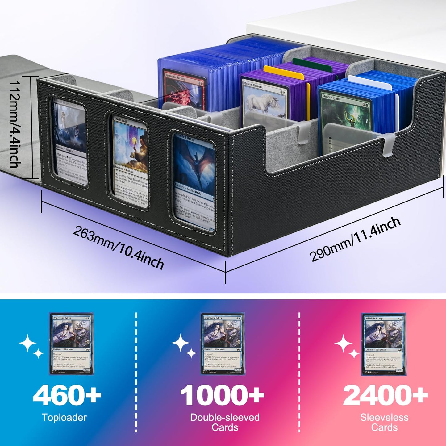 Uaono Card Storage Box For Trading Cards, 1800+ Commander Deck Box For Mtg With Display Window, Toploader Card Case Fits Magic Tcg Ptcg Sports Cards; 10 Removable Divider Tabs, 3 Stoppers (Black)