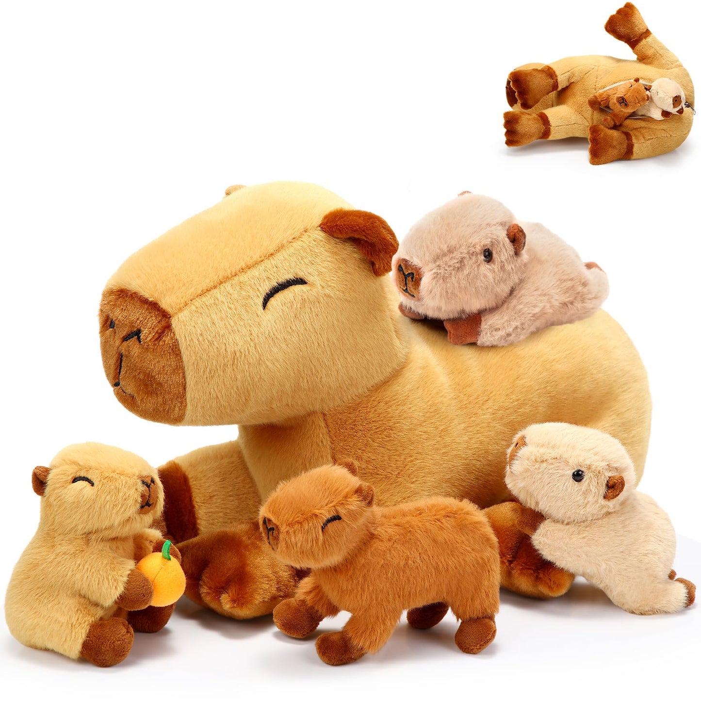 Pullcrease 5 Pcs Capybara Stuffed Animals 15.75'' Capybara Mommy With 4 Cute Babies Set Soft Capybara Plushies For Girls Birthda