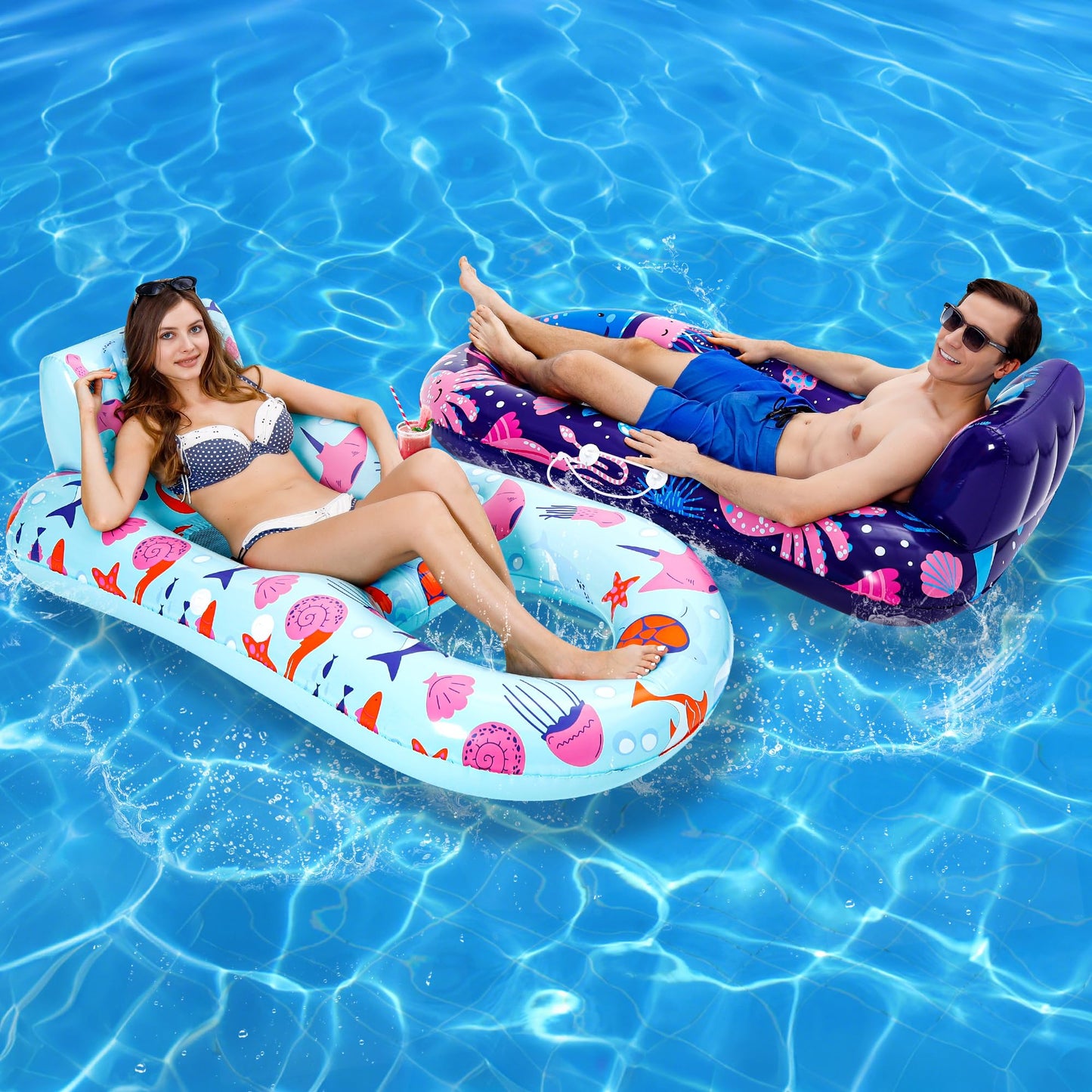 Puppyuwill 2 Pack Pool Floats Adult,Inflatable Pool Lounger Float Heavy Duty With Cup Holder, Backrest & Footrest Pool Lounge Fl
