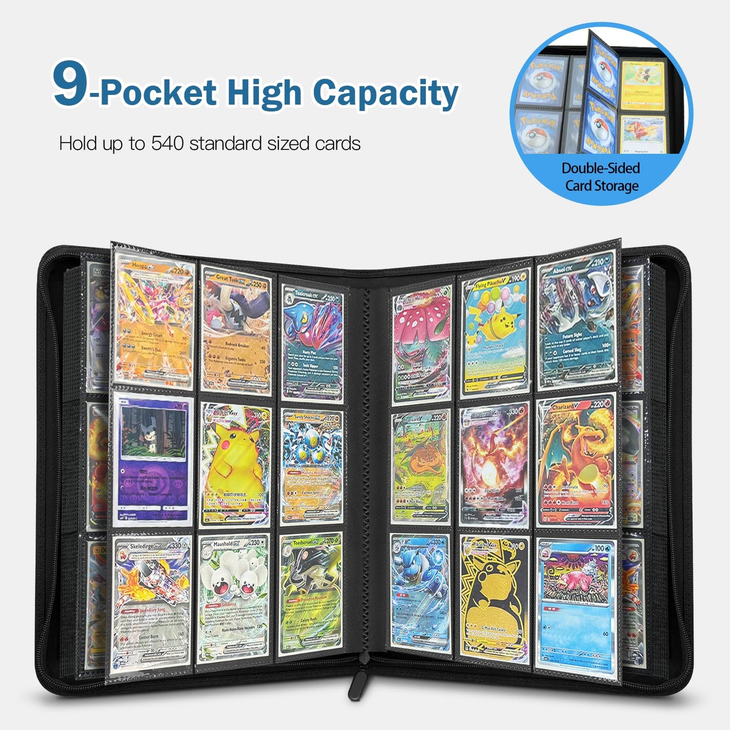 MORINBO enhanced Trading Cards Binder 9-Pocket 540-Cards Zip Binder with Side-Loading Sleeves limited availability Art Cover Design Card Collection Binders Durable PU Leather Card Album for Valuable TCG(Black)
