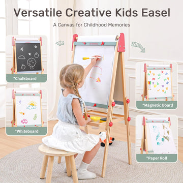 WINGYZ Easel for Kids - 3-in-1 Art Easel with Chalkboard, Magnetic Whiteboard & 400 Paper Roll, Adjustable Wooden Drawing Board