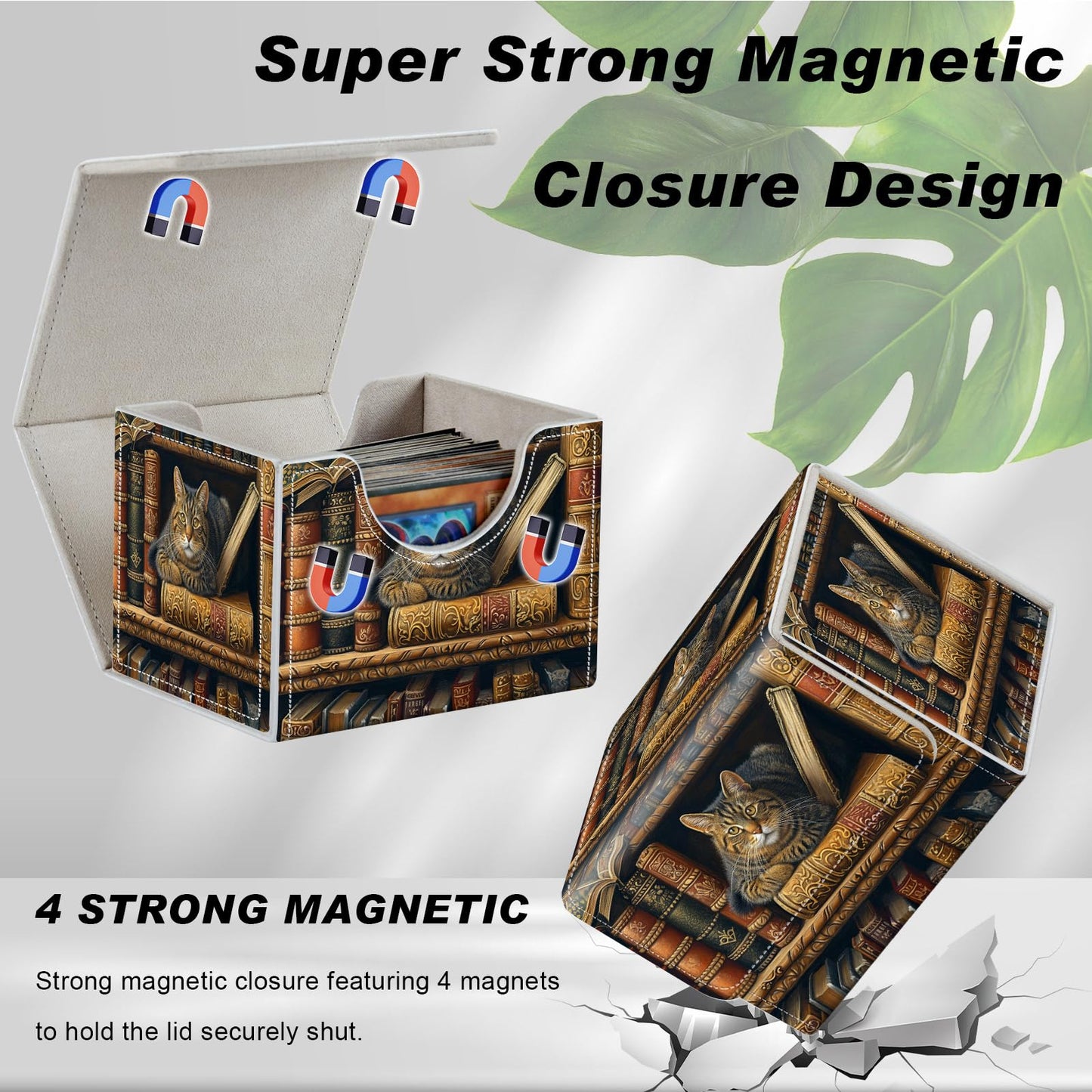 Card Game Storage Box for TCG Commander Deck Box MTG Card Box Organizer Trading Card Case TCG Card Storage Box Magnetic Closure Creative Pattern Cat Books On Top Of Bookshelf