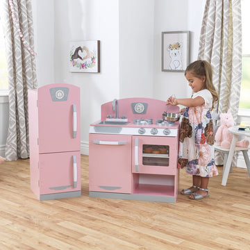 KidKraft Retro Wooden Play Kitchen and Refrigerator 2-Piece Set with Faucet, Sink, Burners and Working Knobs, Pink, Gift for Age