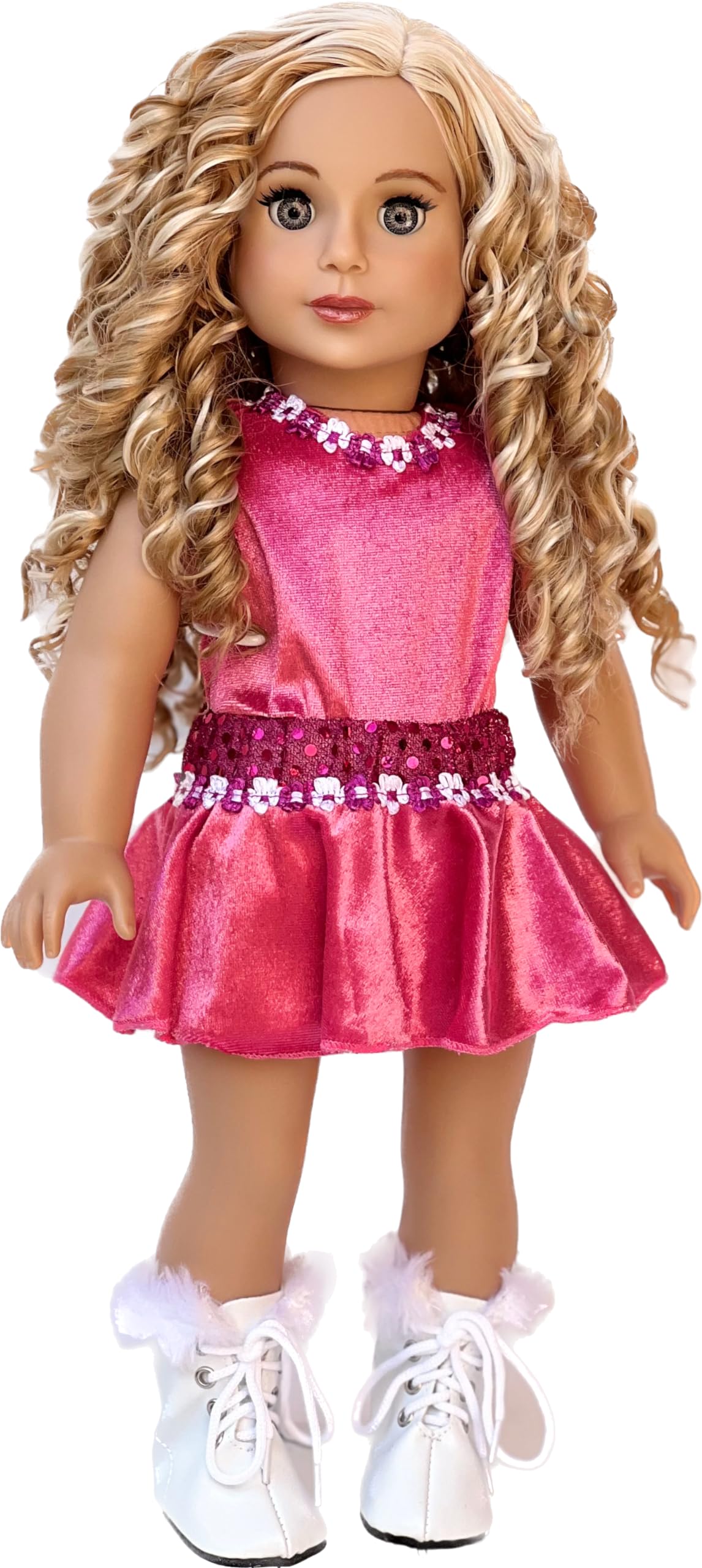 Ice Skating Girl - 4 Piece Ice Skating Outfit For 18 Inch Doll - Pink Leotard With Skirt, White Warmup Sweater And White Ice Skates - 18 Inch Doll Clothes (Doll Not Included)