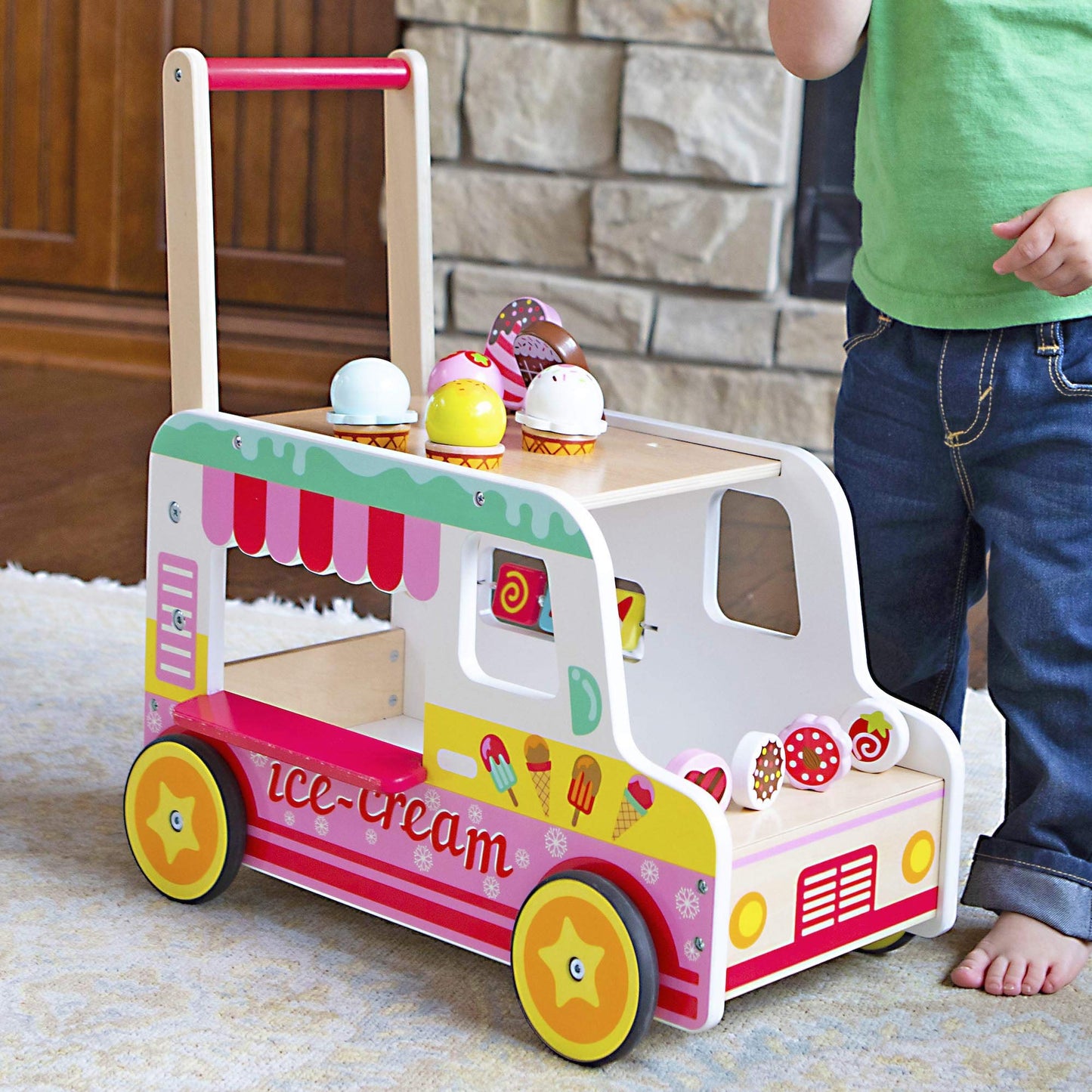 Fat Brain Toys Scoop 'N Scoot Ice Cream Walker - Wooden Pretend Playset For Toddlers