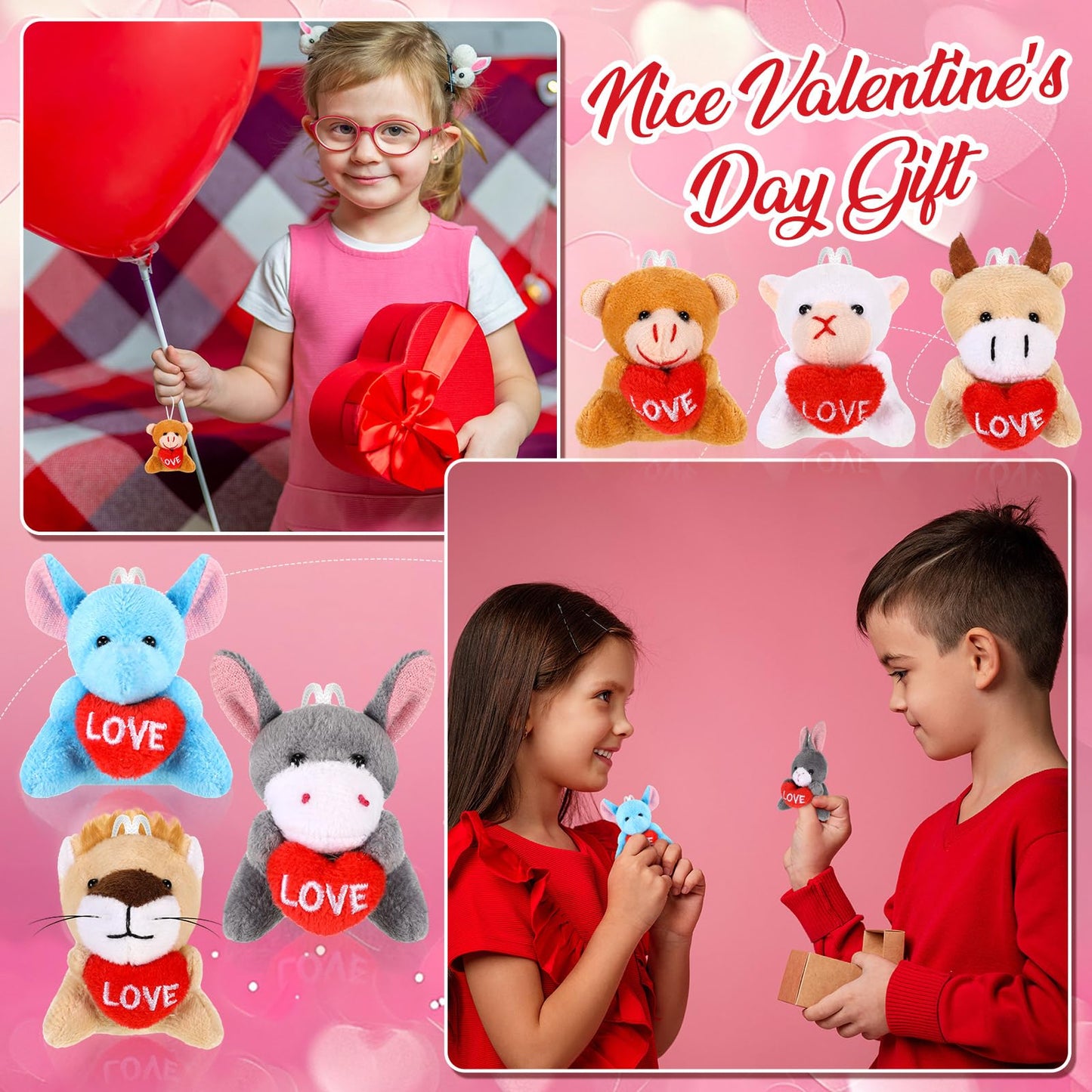 Blueweenly 12 Pcs Valentine'S Exchange Gifts For Kids Valentine Mini Animal Plush Toys Bulk Small Stuffed Animal With Heart Vale