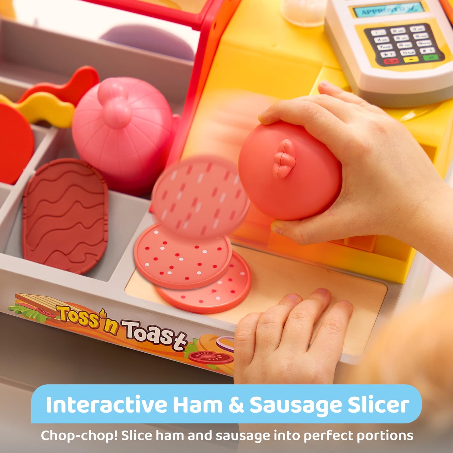 Pretend Play Food Toy For Kids Toddlers, Play Kitchen Accessories Include Sandwich Maker Toy With Slicer For Ham, Menu And Ingre