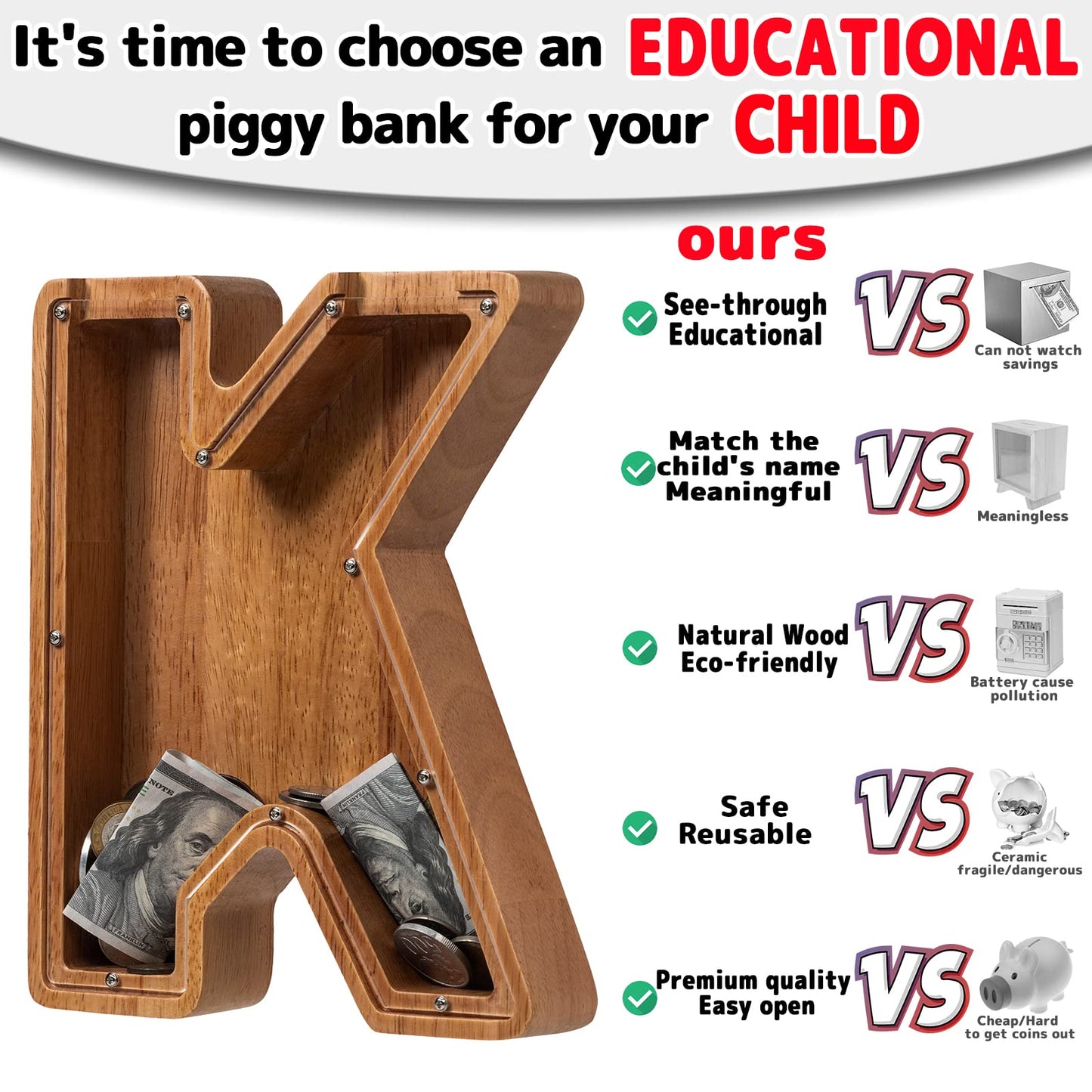 Piggy Bank for Kids Boys Girls, Wooden Large Letter Piggy Bank Alphabet Money Bank with Initial K, Coin Bank Fun Gifts for Birth