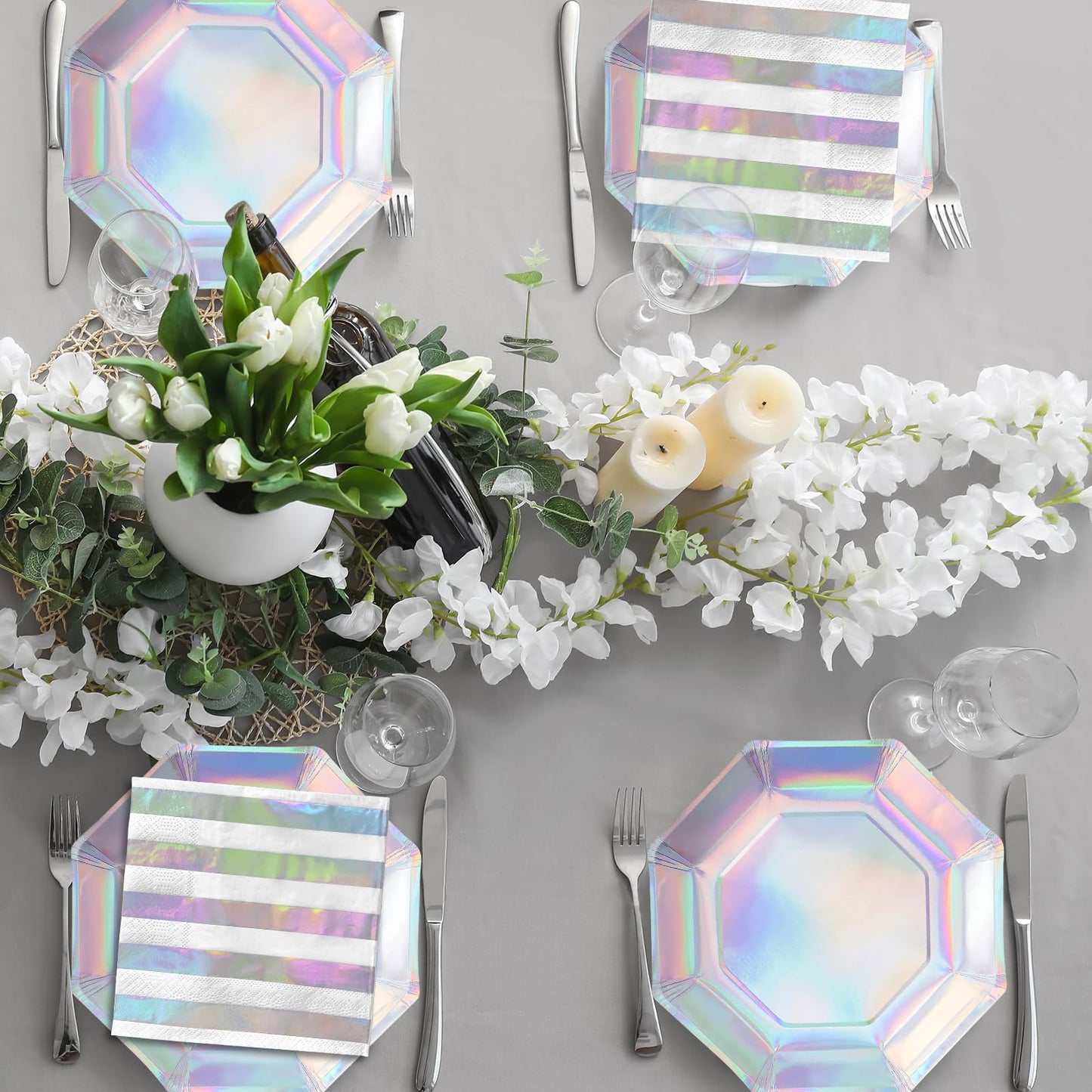 Gatherfun Iridescent Party Supplies - Disposable Paper Plates, Cups and Napkins, Ideal for Birthday, Mermaid Themed Events & Bir