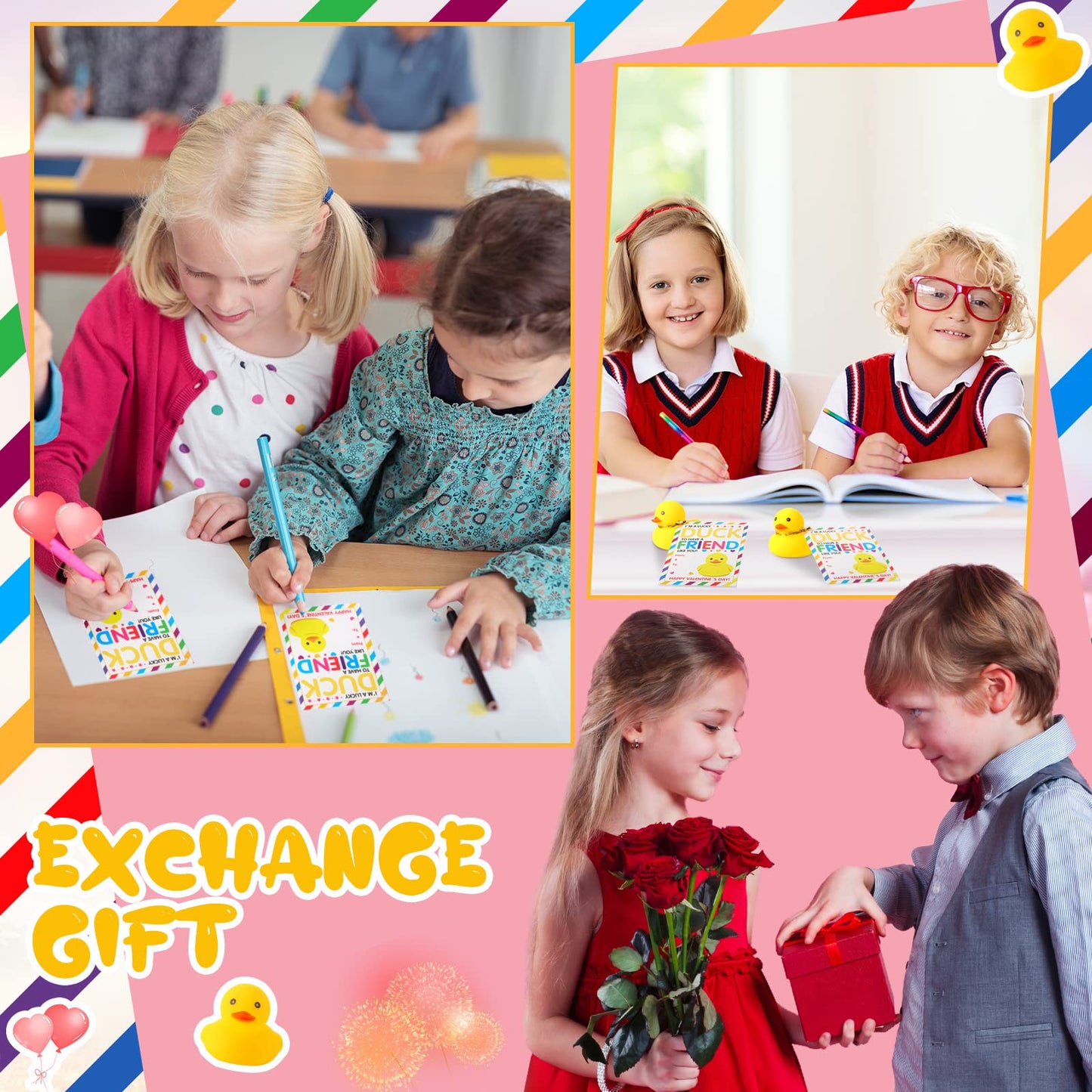 Sotiff 2 Inch 28 Sets Valentines Day Gift Rubber Ducks With Cards Bulk For Kids Valentine'S Greeting Cards Mini Rubber Duck Part