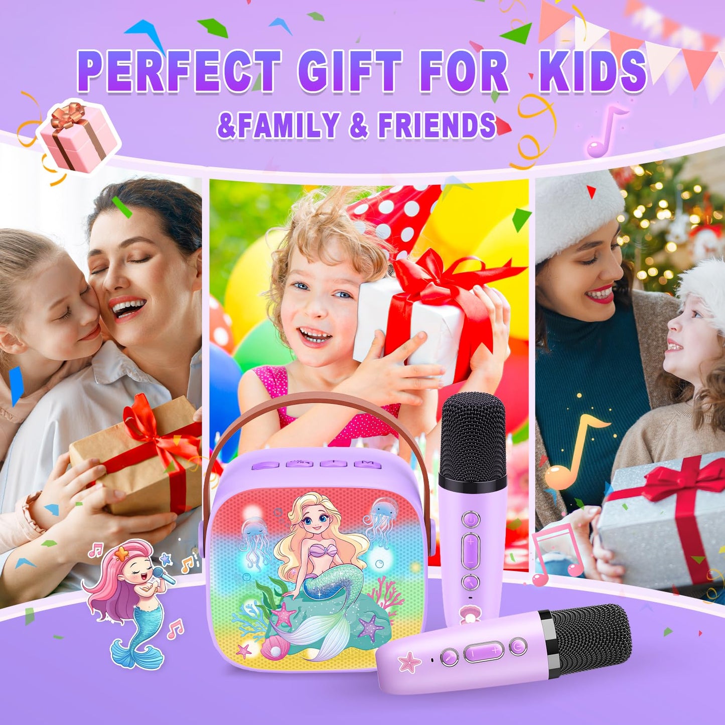 Mermaid Karaoke Microphone Machine Toys: Colorful LED Portable Bluetooth Speaker with 2 Wireless Mics Toys Gifts for 4 5 6 7 8 9