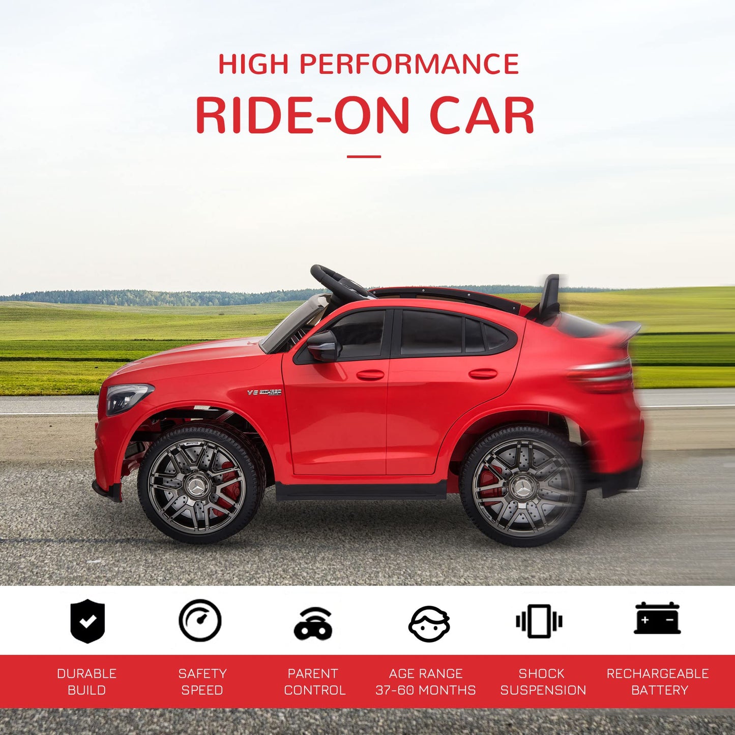 Aosom 12V Ride On Toy Car For Kids With Remote Control, Mercedes Benz Amg Glc63S Coupe, 2 Speed, With Mp3, Electric Light, Horn, Suspension, Red