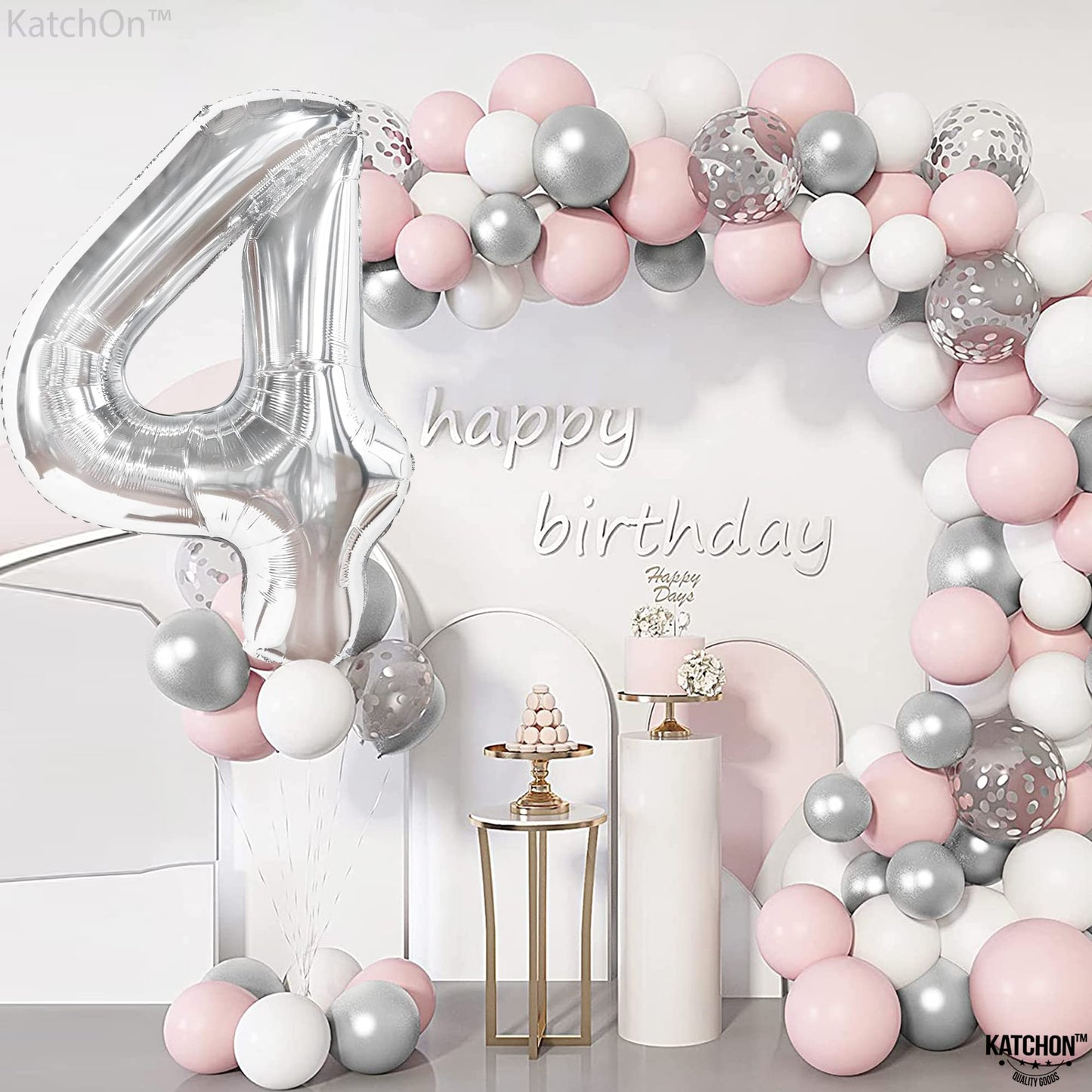 Katchon, Big Silver Number 4 Balloons - 40 Inch | Silver 4 Balloon Number, 4 Year Old Birthday Decorations | Silver Number Balloons, Silver Birthday Decorations | 4Th Birthday Decorations For Boys