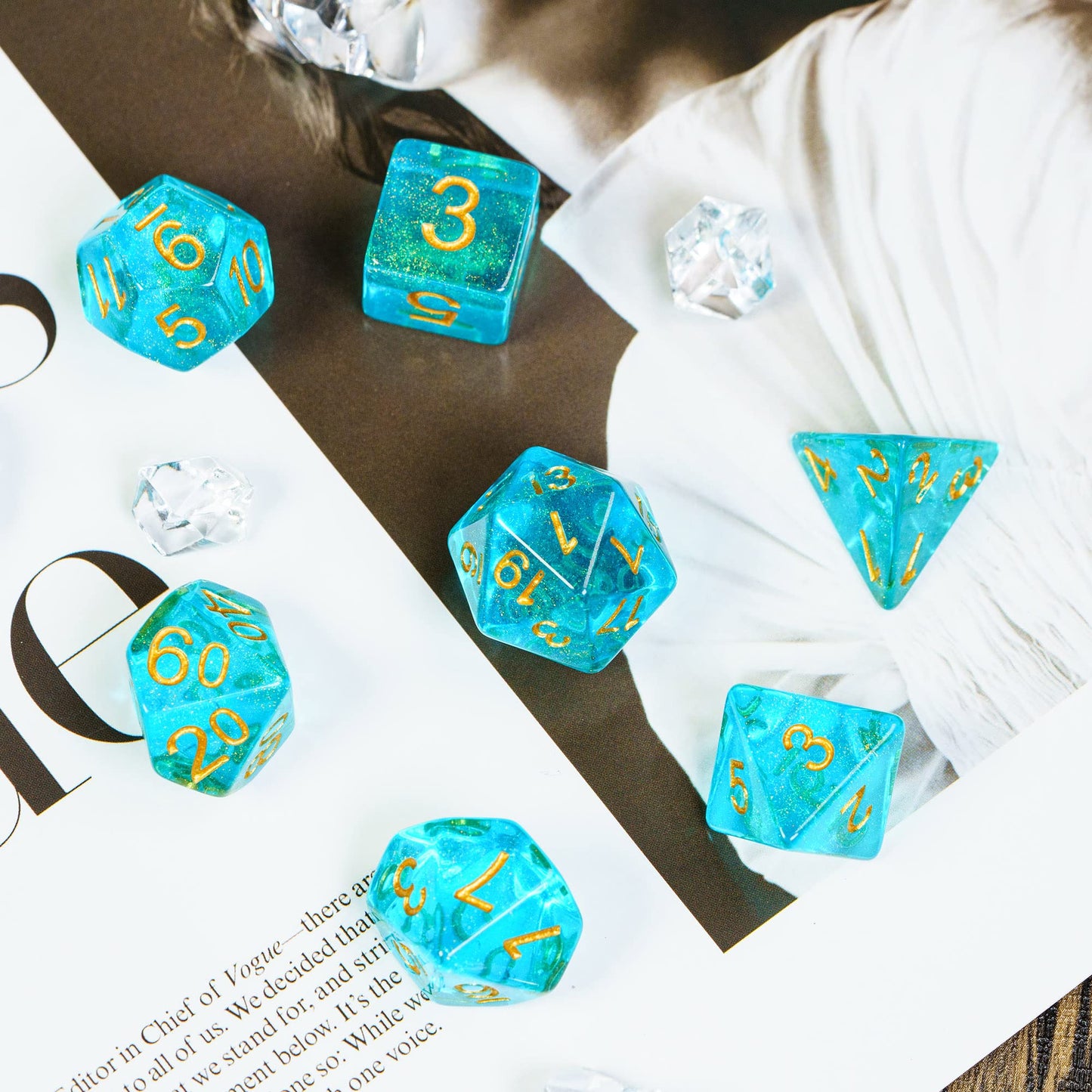 UDIXI 7PCS D&D Dice Set Filled with Aurora Powder, Aqua Blue DND Dice for Dungeons and Dragons, Polyhedral Dice for RPG MTG and