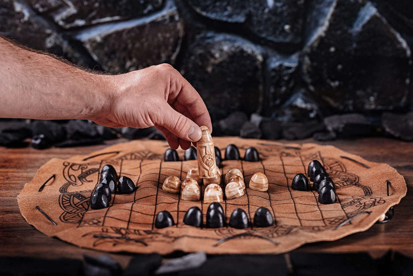 Handcrafted Viking Hnefatafl Set - 100% Genuine Ox-Bone Pieces, Premium Leather Mat, Black - Norse Tradesman, Easy Storage & Travel