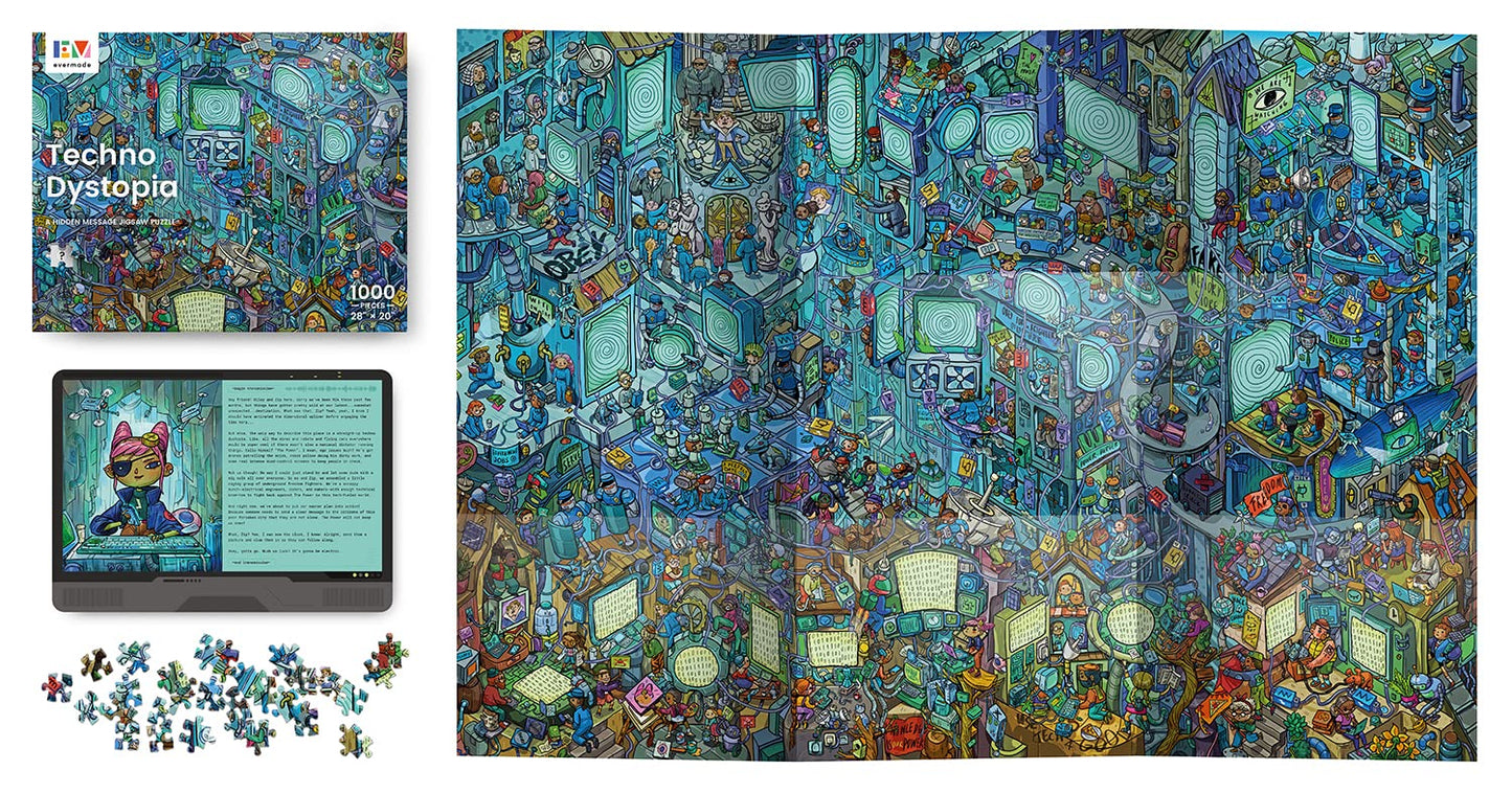 Techno Dystopia by Evermade - A Hidden Message Mystery Jigsaw Puzzle for Adults - 1000 Pieces, Beautifully Detailed 20'' x 28''
