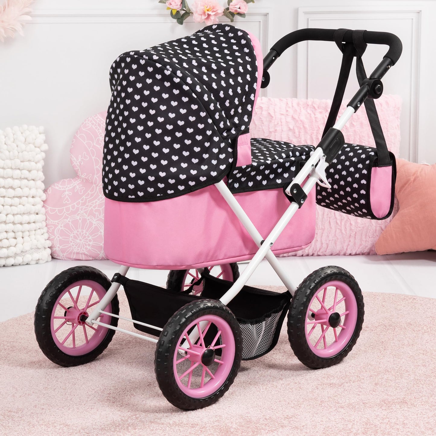 Bayer Design Dolls: Trendy Pram - Hearts Black & Pink - Includes Matching Shoulder Bag, For Dolls Up To 18'', Foldable, Kids Pre