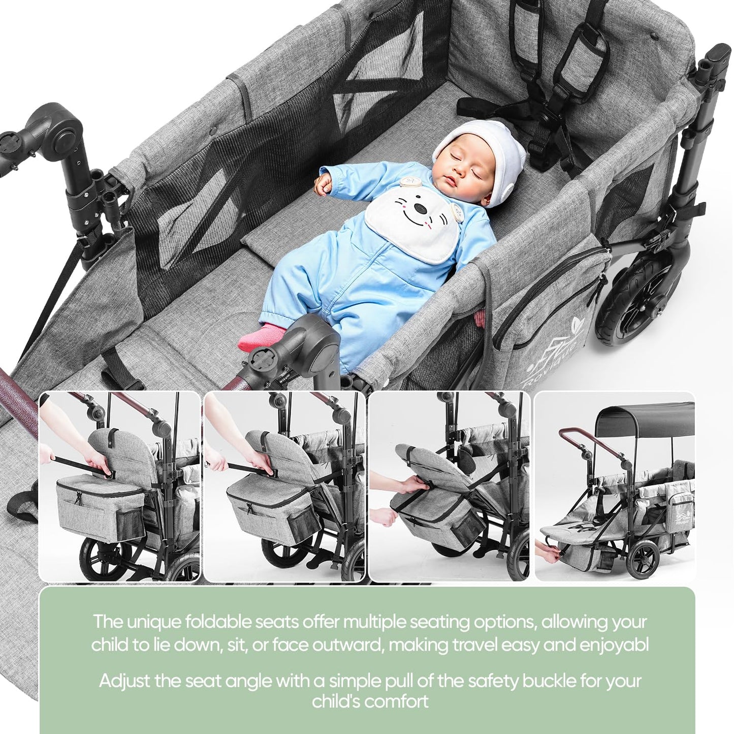 Rovique Wagon Stroller for 2 Kids enhanced Wagon for Kids with Removable Canopy Snack Tray Convertible Baby Bassinet 5-Point Safety Harness All-Terrain PU Wheels & Adjustable Push/Pull Handle Grey