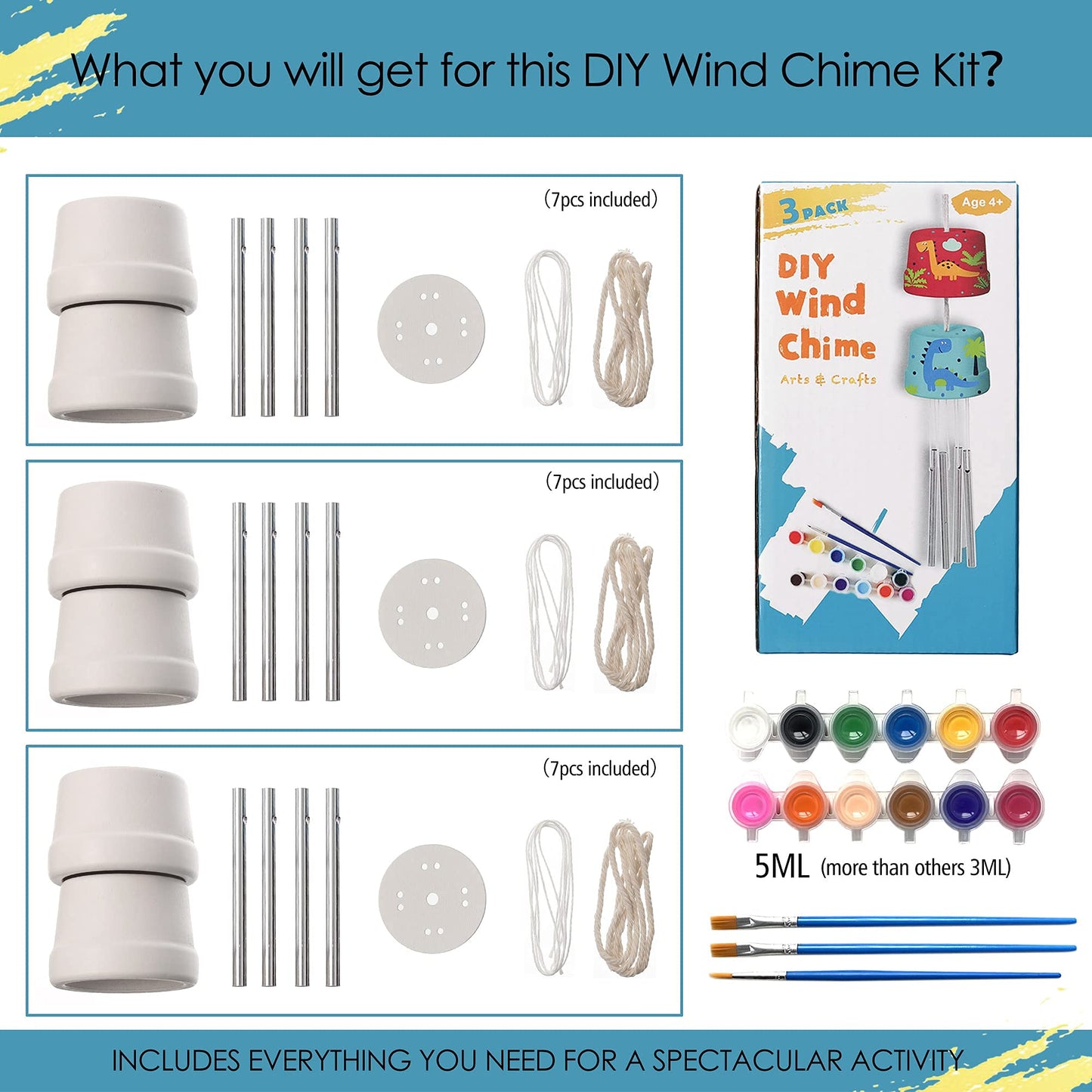 HOSKO 3-Pack DIY Wind Chime Kits for Kids - Arts & Crafts, Wood, White, Ages 3-12, Birthday & Holiday Fun