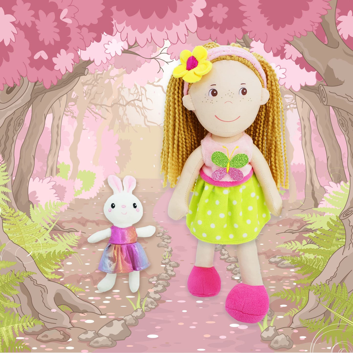 June Garden 14'' Playmate Buddies - Plush Doll Aubrey With Her Stuffed Animal Companion Bunny Trixy