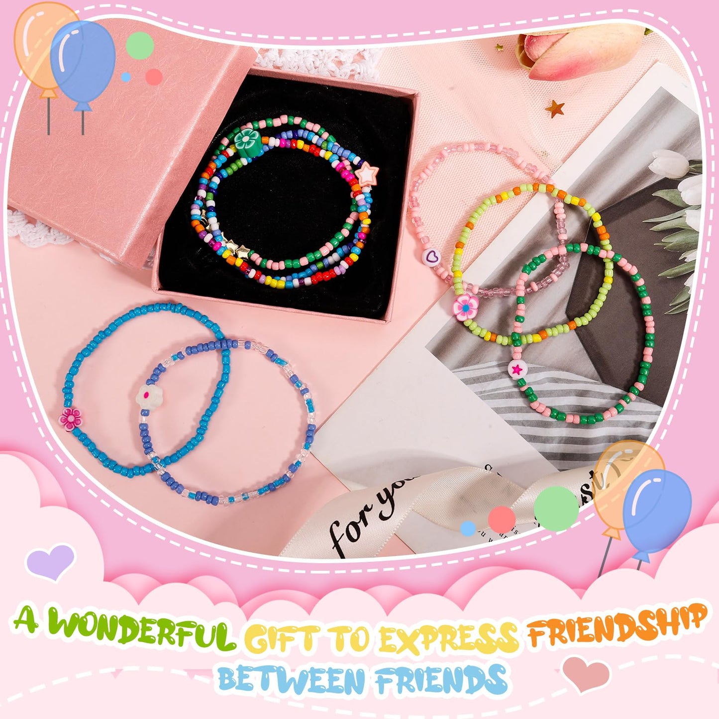 Guiqulai 48 Pcs Kids Friendship Bracelet Set,Colorful Adjustable Beaded Bracelets,Cute Stretch Preppy Bracelets,Stackable Clay S